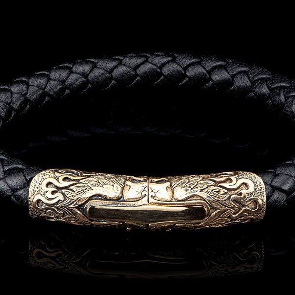 Closeup photo of Ramble on Bronze/black leather bracelet