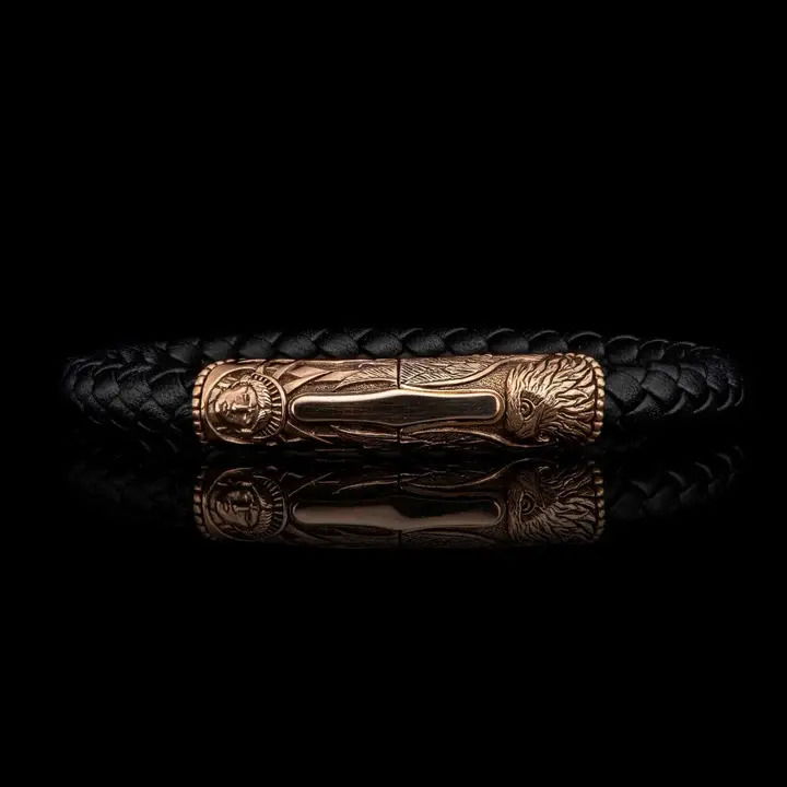 The Bryce Canyon brings our honored American heritage to life, timeless images sculpted from generations past, and for generations into the future. This bracelet features a beautifully carved centerpiece/clasp in bronze with a double secured magnetic closure. The soft warmth of the bronze is measured against a supple and durable 8mm braided leather cord in striking midnight black that wears well with any outfit, on any occasion. Bryce Canyon