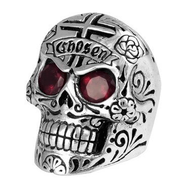 Closeup photo of Large Skull Ring w/Chosen Cross Detail and Garnet Eyes