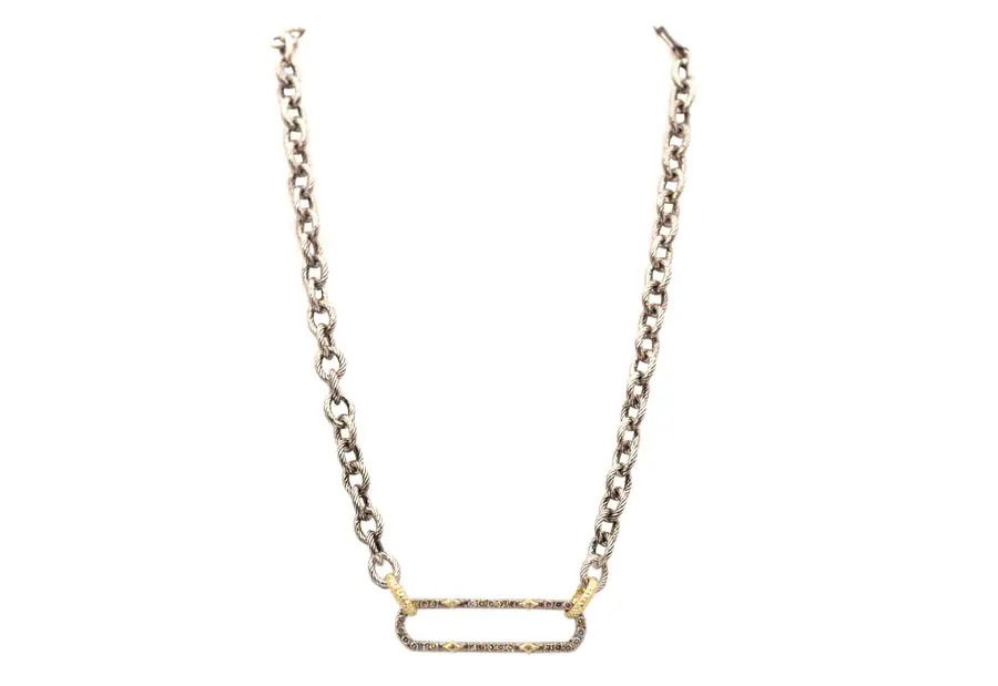 18k Yellow Gold and Grey rhodium finish Sterling Silver 17" pave paperclip link necklace with .80TCW round champagne diamonds. With toggle closure. Adjustable at 15", 16" and 17". Necklace measures 10mm wide. 17" CHAIN LINK NECKLACE WITH PAVE PAPERCLIP