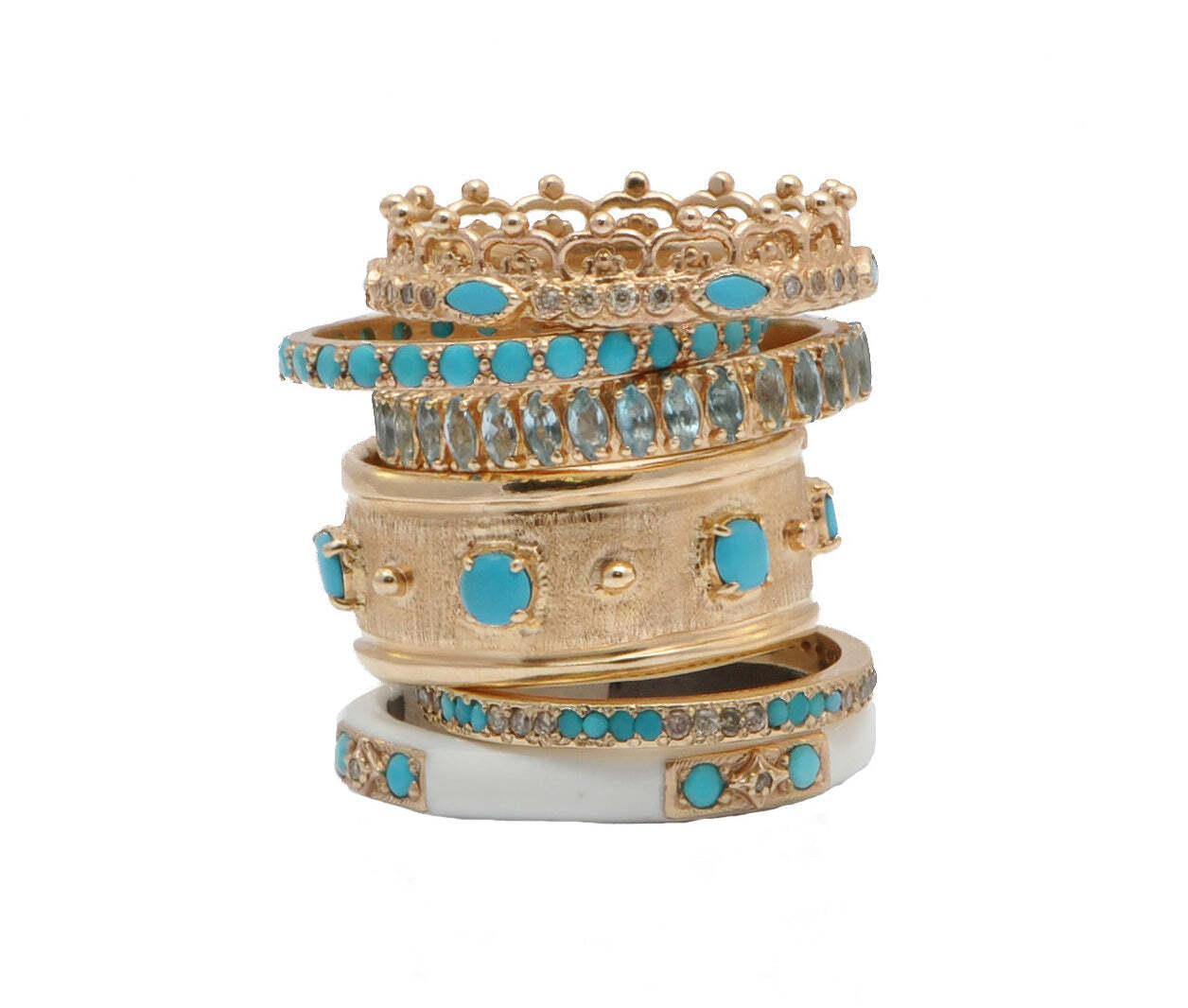 Add subtle glitz and glamour to your look with this gorgeous 14K rose gold stack ring. Crafted from scalloped-edged 14K rose gold, it features a half crown silhouette with dazzling round blue turquoise and champagne diamonds (0.14 TCW). Perfect for adding a hint of sparkle to any ensemble, this stack ring is sure to become your favorite accessory. Half-Crown Stack Ring