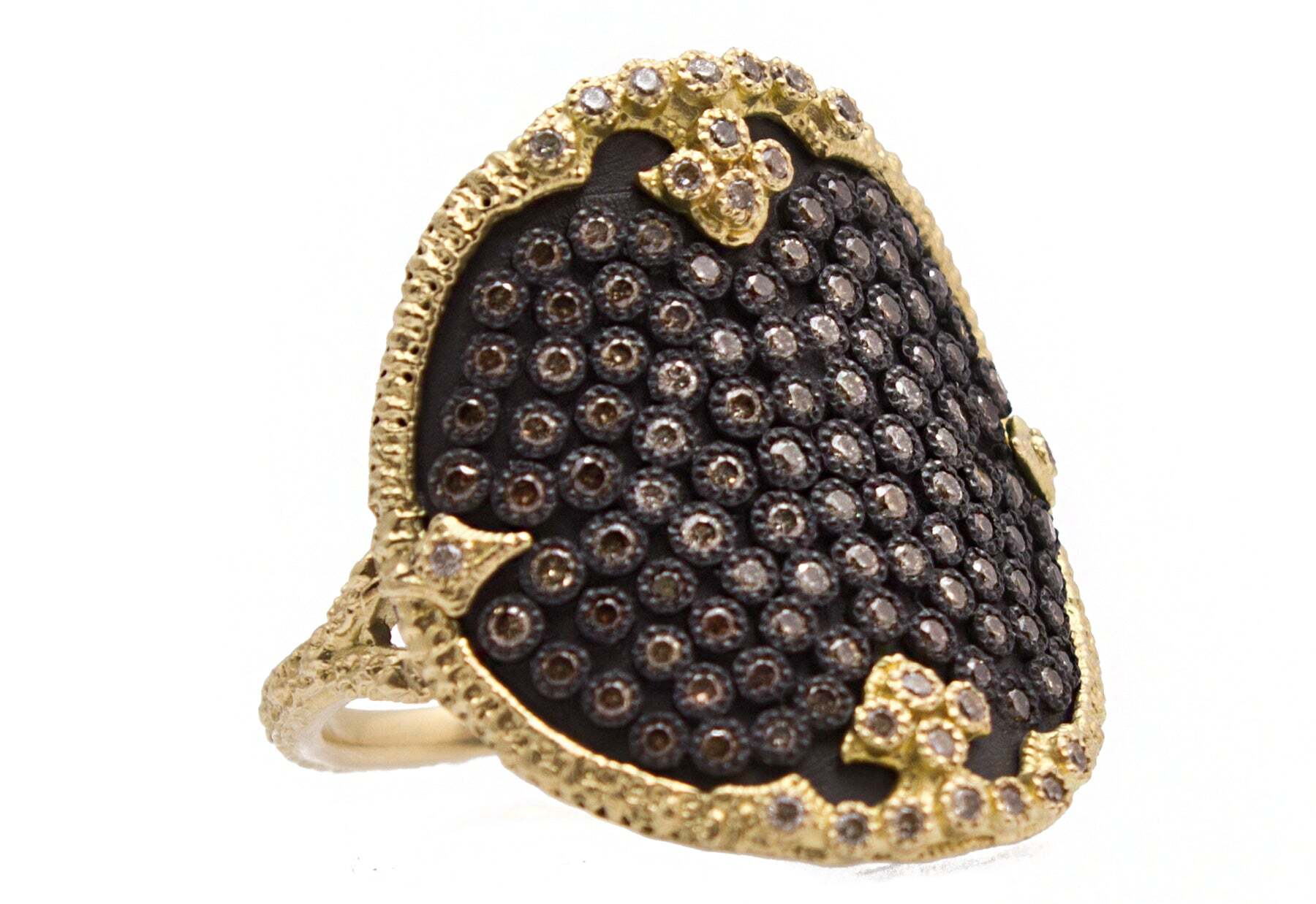 Luxuriate your look with this gorgeous 18K yellow gold and blackened sterling silver 24MM carved disc ring! Perfect for day or evening wear, this fabulous ring is stunningly embellished with pavé champagne diamonds (0.74 TCW) for a dash of glamour. From cocktail parties to evening events, this distinctive piece will ensure you make a statement wherever you go. Carved Disc Statement Ring