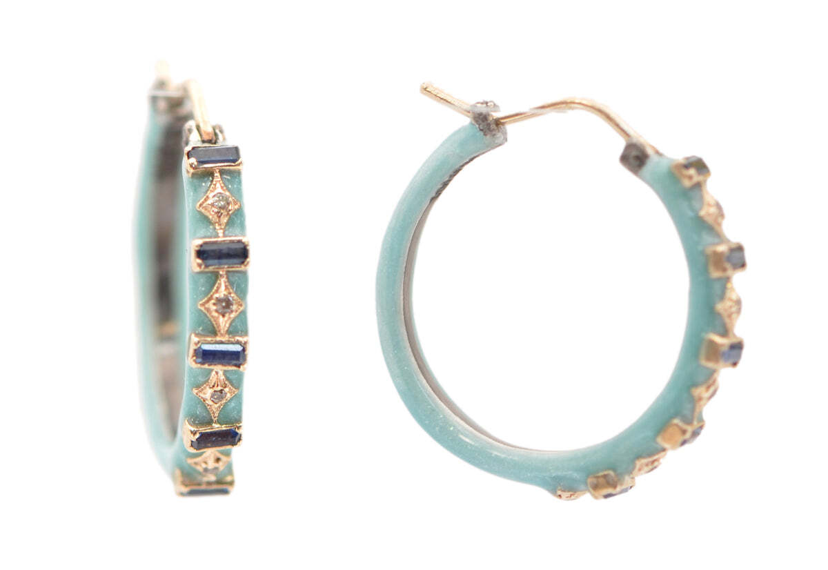 16.5MM GLOSS TEAL ENAMEL HUGGIE HOOP EARRINGS