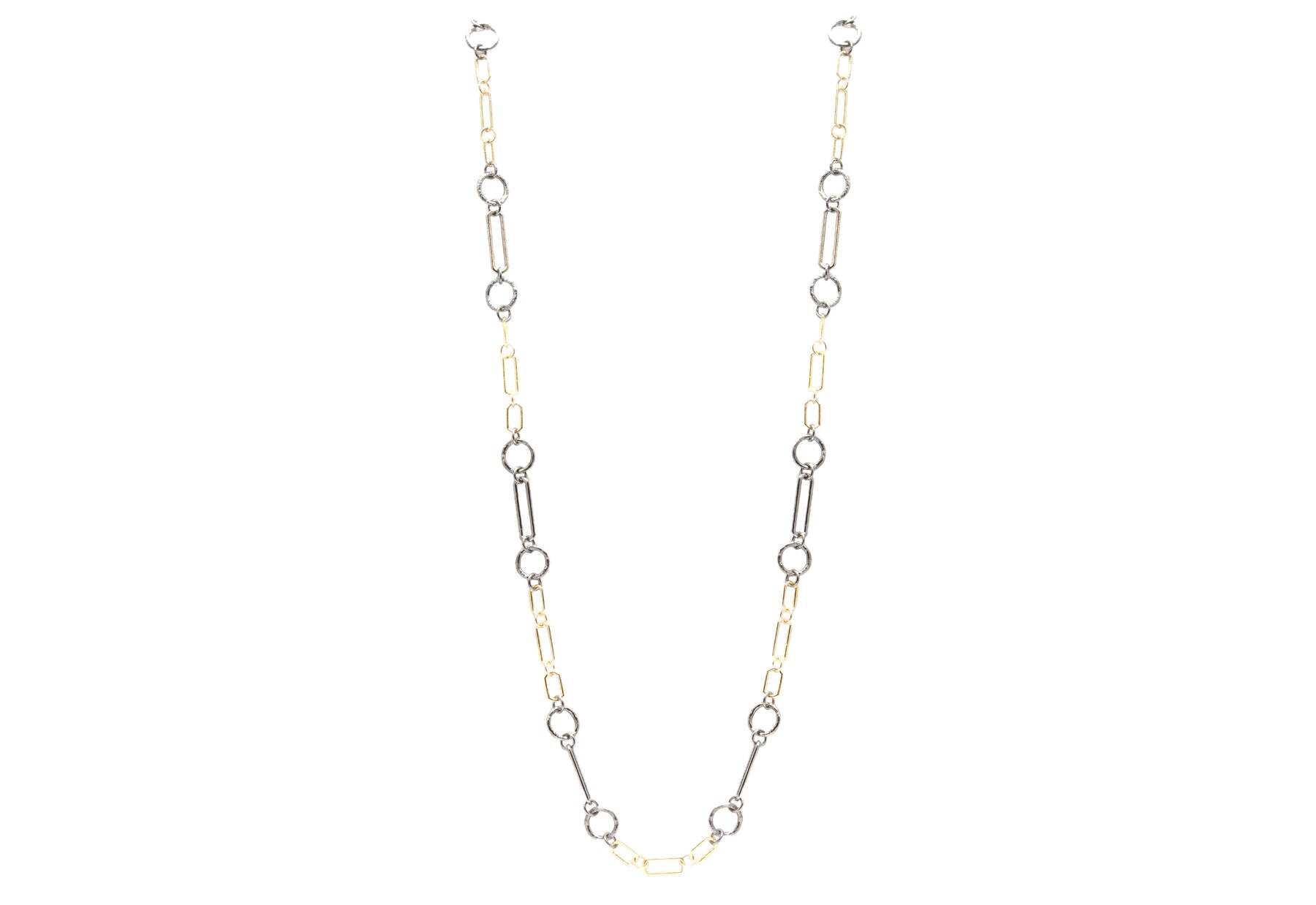 Stop searching for the perfect necklace! Look no further than this 18K Yellow Gold and Grey Sterling Silver 32" Paperclip Chain and Textured Link Necklace with Silver Toggle Closure. Crafted with a beautiful color combination of 18K Yellow Gold and Grey Sterling Silver, you won't be able to take your eyes off of this gorgeous piece. The adjustable length allows you to wear it at 29.5", 31" and 32" to fit your everyday style. An ideal piece of jewelry for a special occasion or to dress up any of your everyday looks, this necklace is sure to become your new favorite accessory. Paperclip Necklace