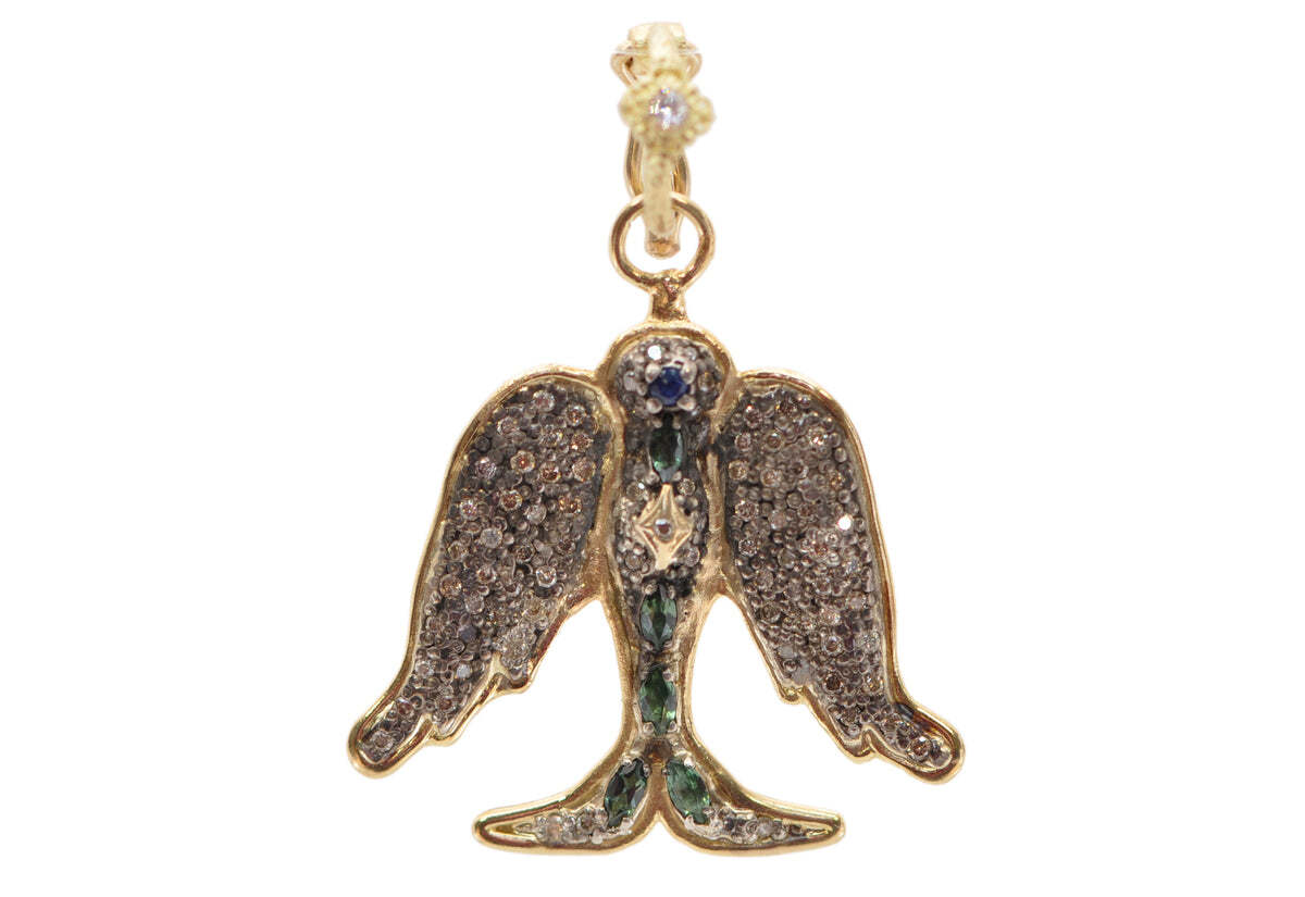This exquisite 18k yellow gold and grey rhodium sterling silver enhancer is a truly stunning piece. The bird-shaped pendant features tourmaline, blue sapphires, 0.40TCW round white brilliant diamonds, and champagne diamonds, creating a vibrant and eye-catching design. The pendant measures 24mmx30mm and makes for a bold statement piece that is sure to be admired. A perfect addition to any jewelry collection and a gorgeous gift for a special someone. LARGE PAVE BIRD ENHANCER