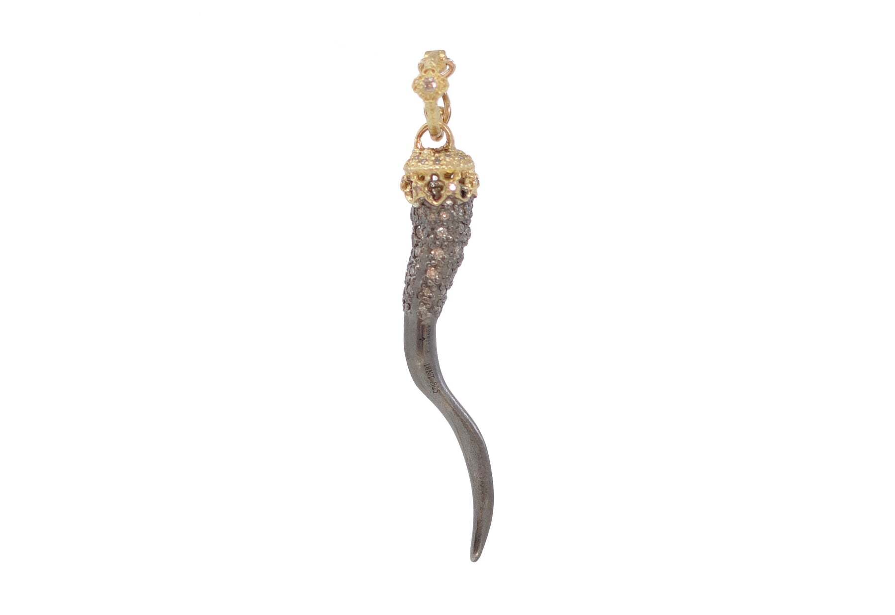This exquisite 18k Yellow Gold and Grey Sterling Silver horn enhancer adds timeless elegance to any look. Its delicate scroll detail, and pave champagne diamond accents, make it a truly eye-catching piece. Its open design is perfect for layering with other jewelry and its 18k gold and sterling silver construction ensures that it will last for years to come. Add a touch of sophistication and glamour to your wardrobe with this unique and beautiful accent piece. Pave Horn Enhancer