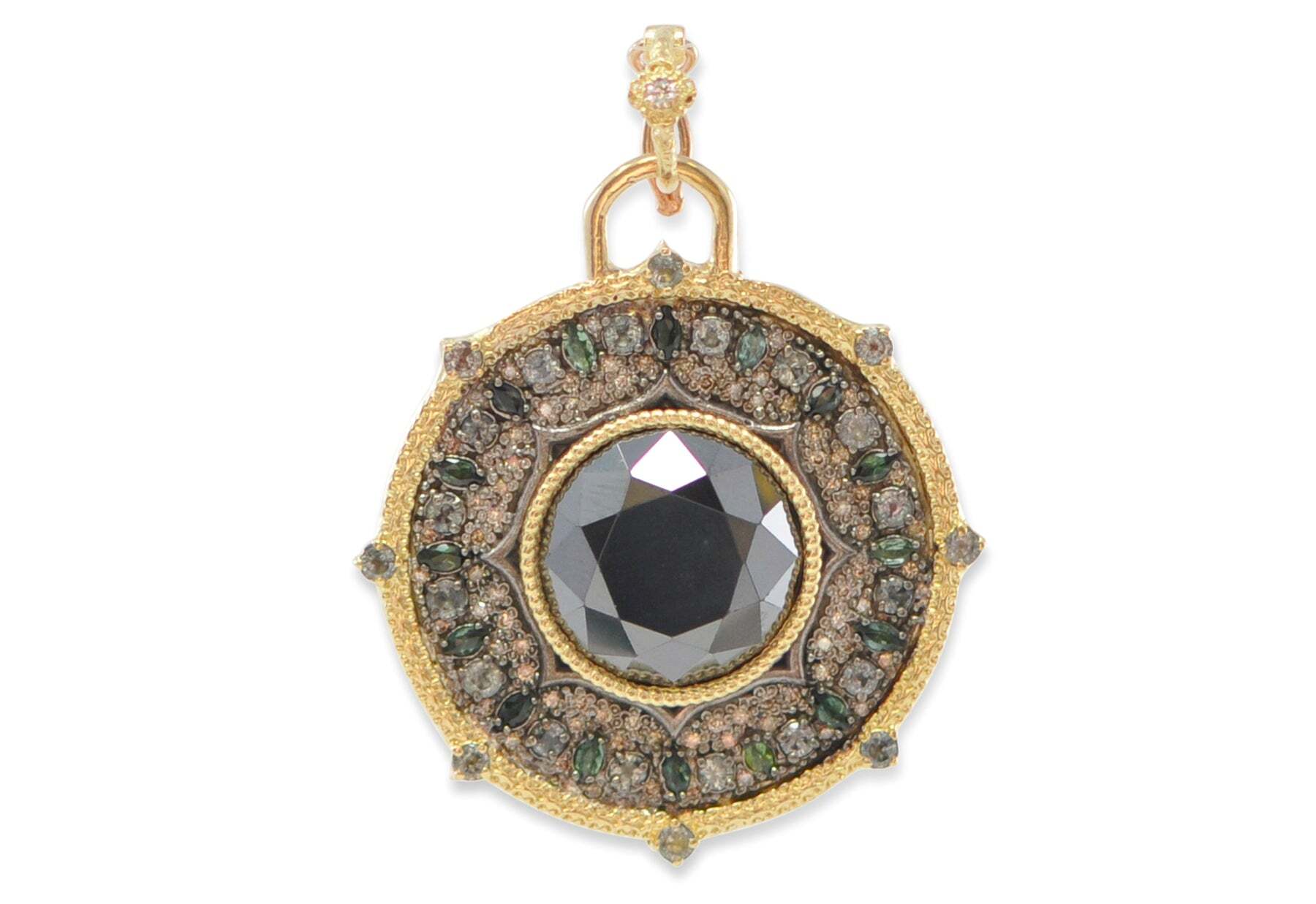 Add a unique and striking touch to your look with this beautiful 18k Yellow Gold and Grey Sterling Silver 34mm pointed round enhancer. Colorful and eye-catching, this enhancer features 16mm hematite and sparkling gemstones including blue grey sapphire, tourmaline, champagne, and white diamonds. Crafted with precision and detail, this enhancer is perfect for any special occasion or to make your everyday look more glamorous. Pointed Round Hematite Enhancer