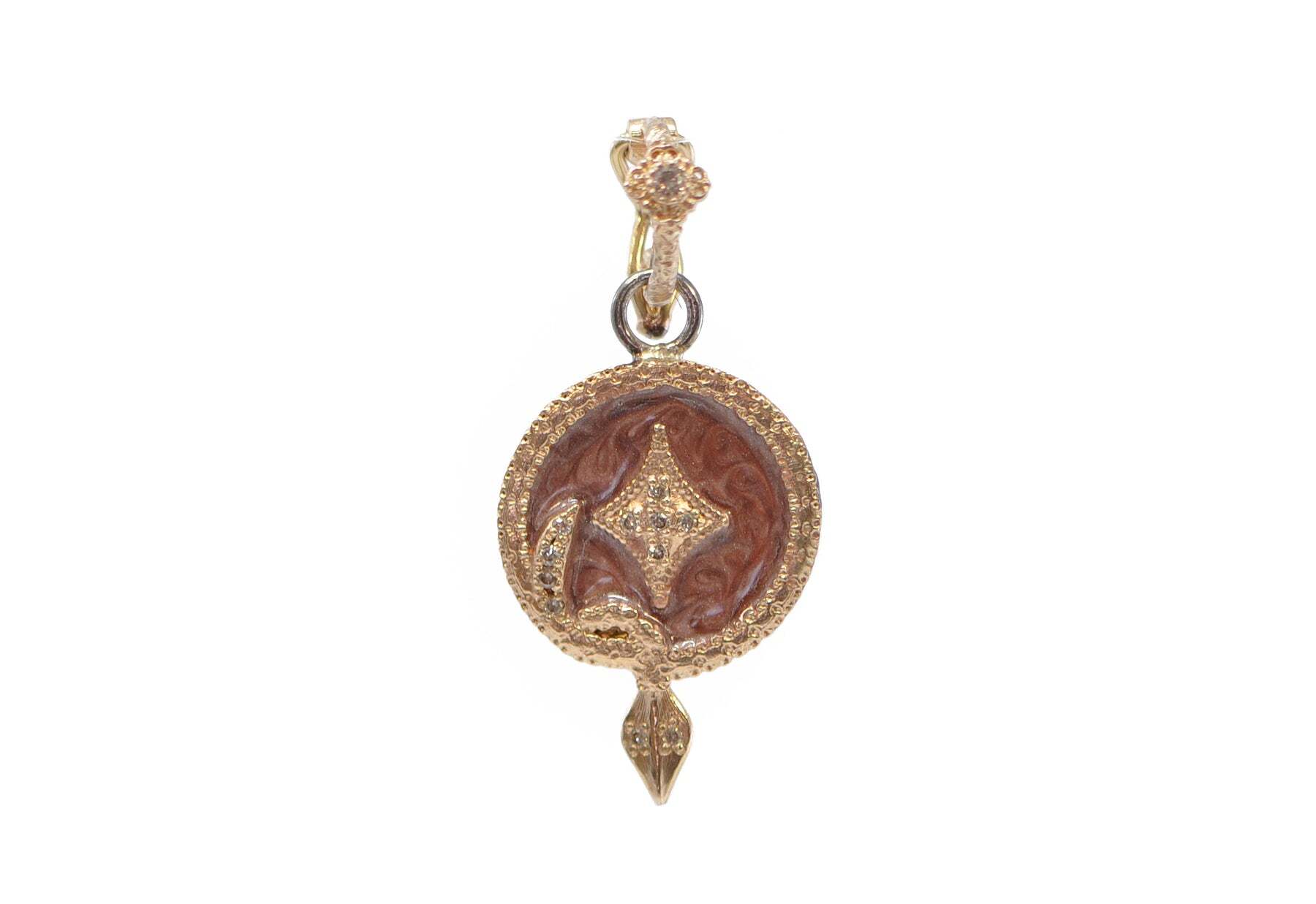 Enhance any look with this beautiful 14k rose gold and grey sterling silver 26mm serpent drop enhancer by Crivelli. This stunning piece features a dusty rose enamel inlay and 0.07 ct champagne diamond accents for added sparkle. The intricate design is sure to elevate your style and draw admiration. Perfect for adding a touch of elegance to your favorite necklaces and pendants, this enhancer is the perfect addition to any jewelry collection. DUSTY ROSE ENAMEL SERPENT ENHANCER