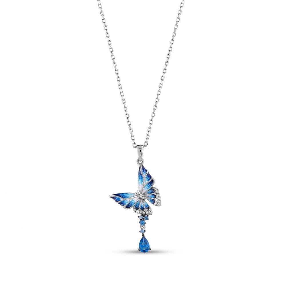 Blue and White Enamel Butterfly with CZs Sterling Silver Necklace