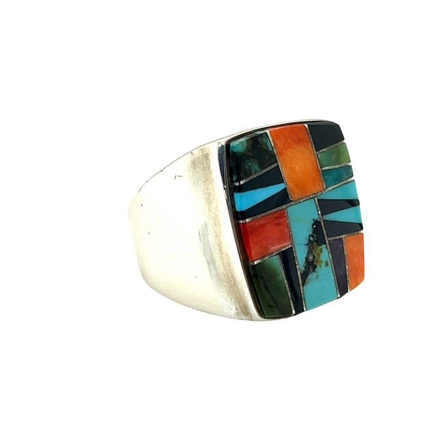 Sterling Silver Inlayed w/ Turquoise, spiny oyster, onyx Mens Ring