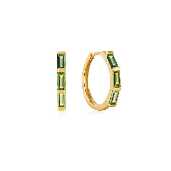 Closeup photo of 14kt Gold Tourmaline Huggie Hoop Earrings