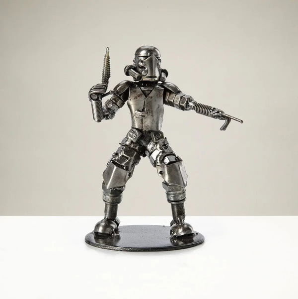 Closeup photo of Storm Trooper Pointing Inspired Recycled Metal Sculpture