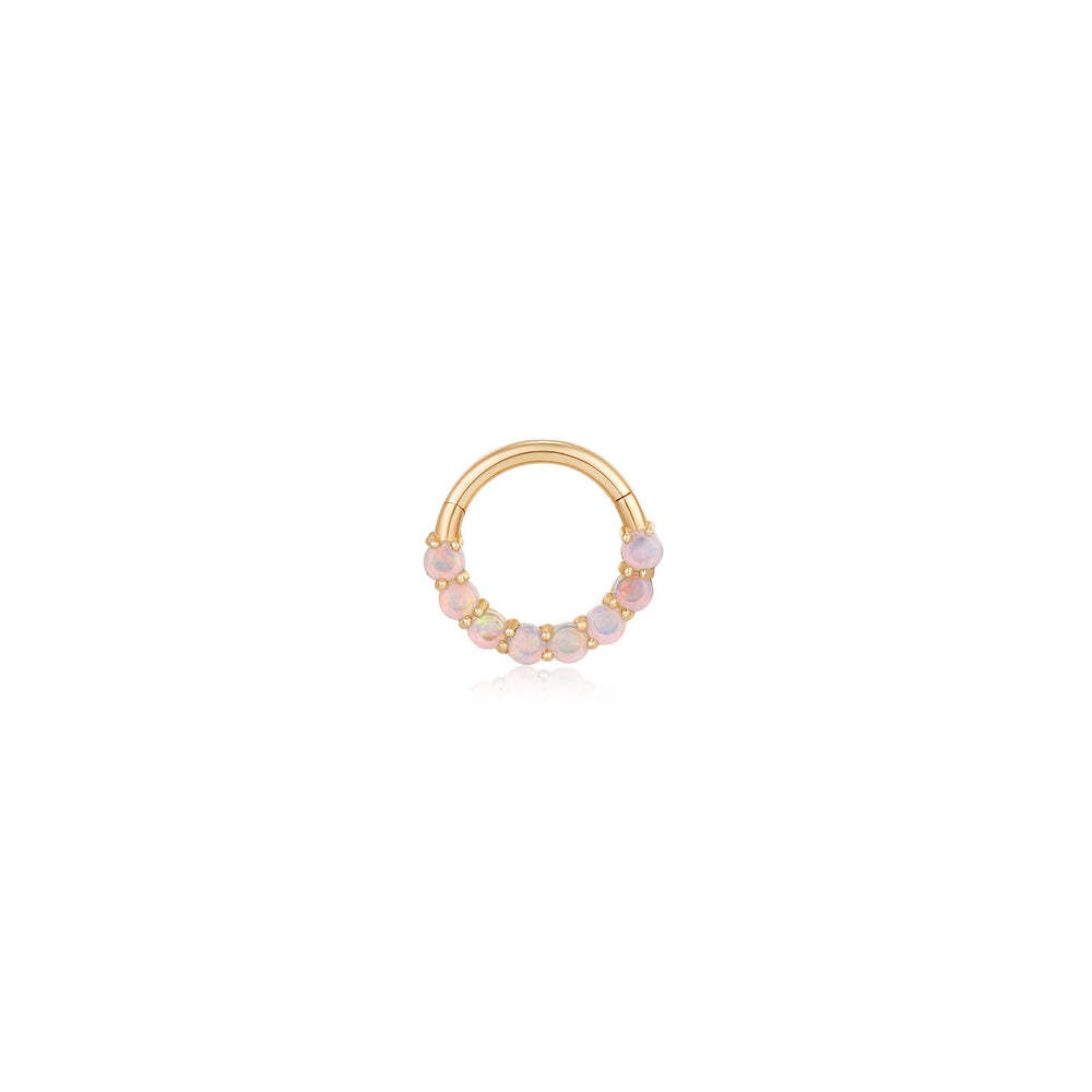 Add a little magic to your ear with our Opal Clicker Ring. This design can be worn anywhere you would rock a hoop, but it's a mesmerizing option for daith, forward helix, and septum piercings that allow the opals to stand out. Sold as a single earring. HAYDEN | Opal Clicker Ring