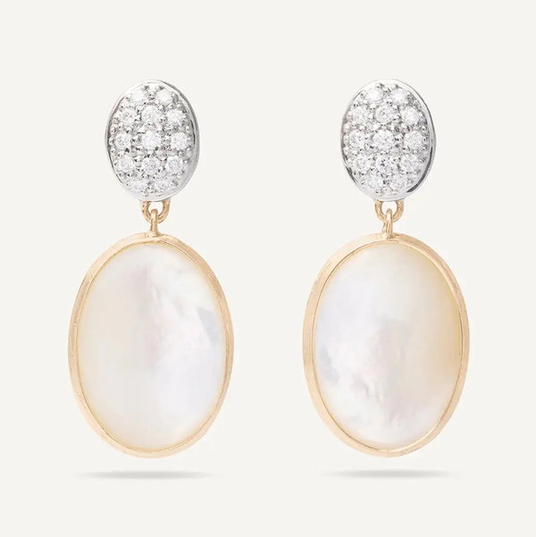 Closeup photo of 18K Yellow Gold Mother of Pearl and Diamond Drop Earrings