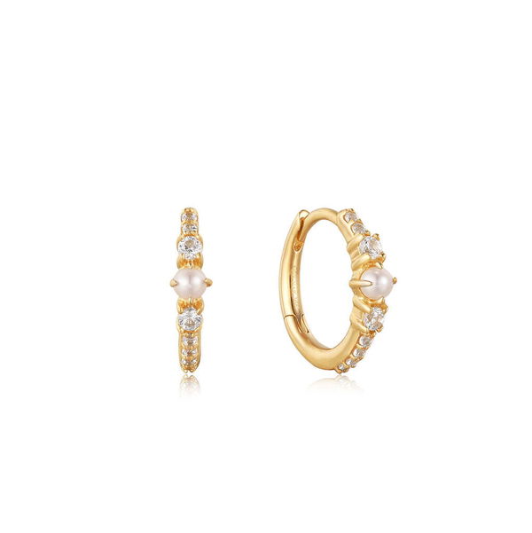 Closeup photo of 14kt Gold Pearl and White Sapphire Huggie Hoop Earrings