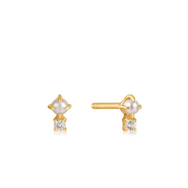 Closeup photo of 14kt Gold Pearl and White Sapphire Single stud
