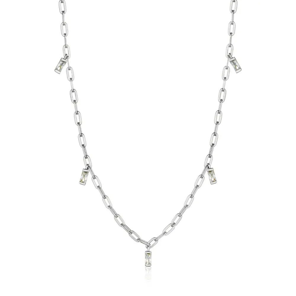 Mix up your look with this statement, large cable chain silver necklace. Featuring cubic zirconia baguette drops, it is designed to make you stand out in style. GLOW DROP NECKLACE