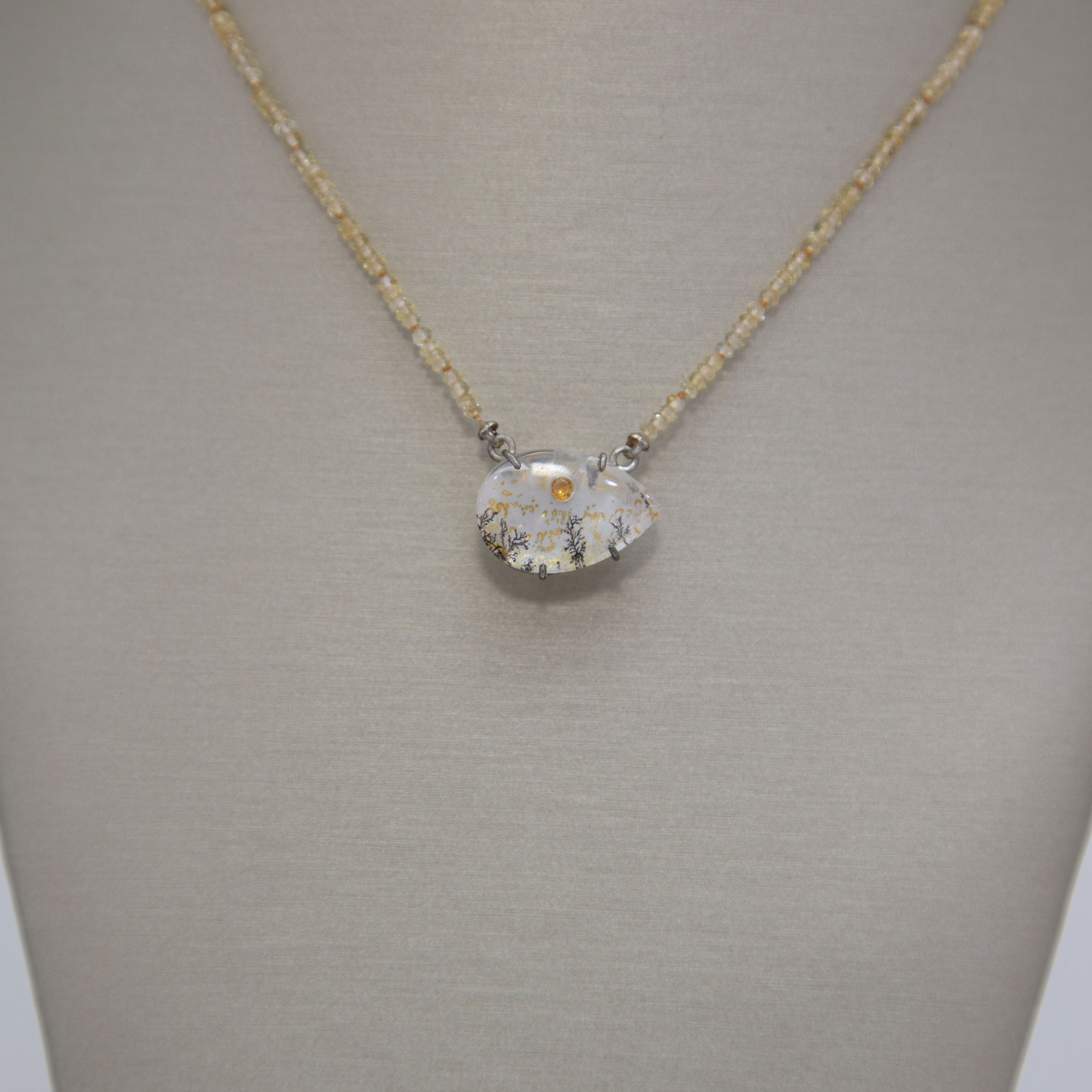 Dendritic Quartz with Spessartine Garnet Inset and Orange Citrine Handcut Beads