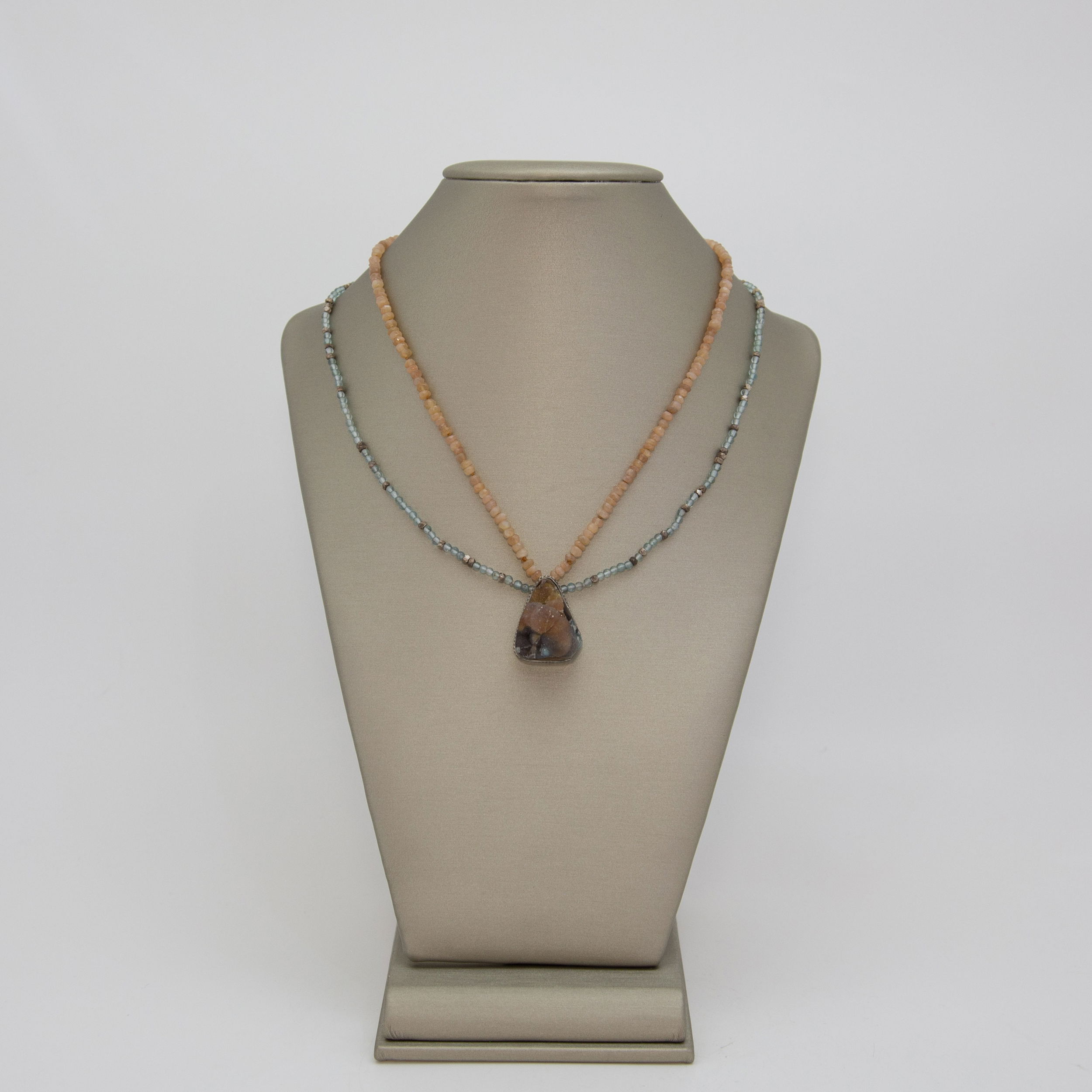 Chrysocolla Druzy with Peach Moonstone Bead Necklace and Aquamarine and Sterling Beaded Necklace