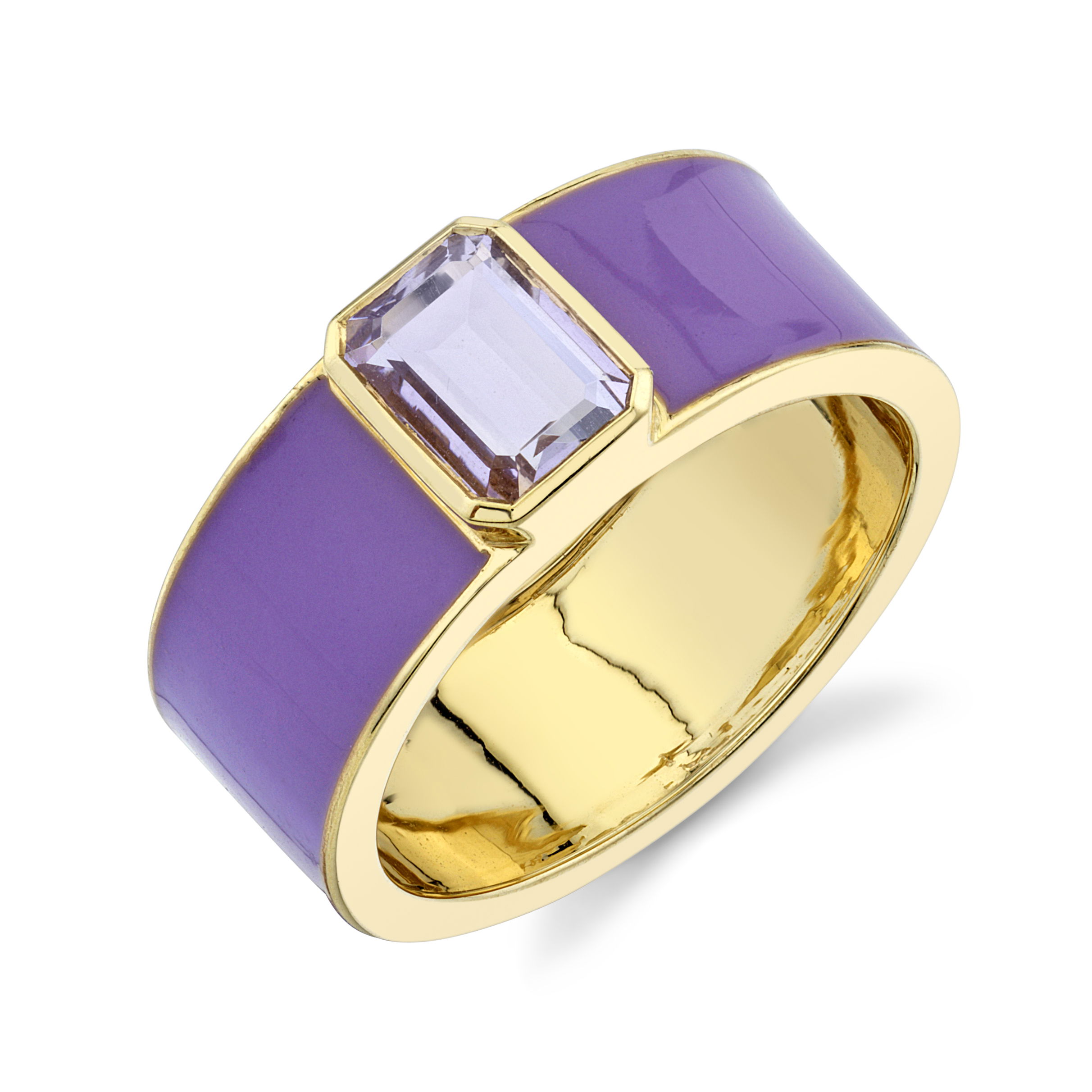 7X5 OCT LLA AMY 0.96TCW SLOANE STREET LAVENDER ENAMEL BAND WITH LEMON LAVENDER AMETHYST CENTER STONE, 18K-YG