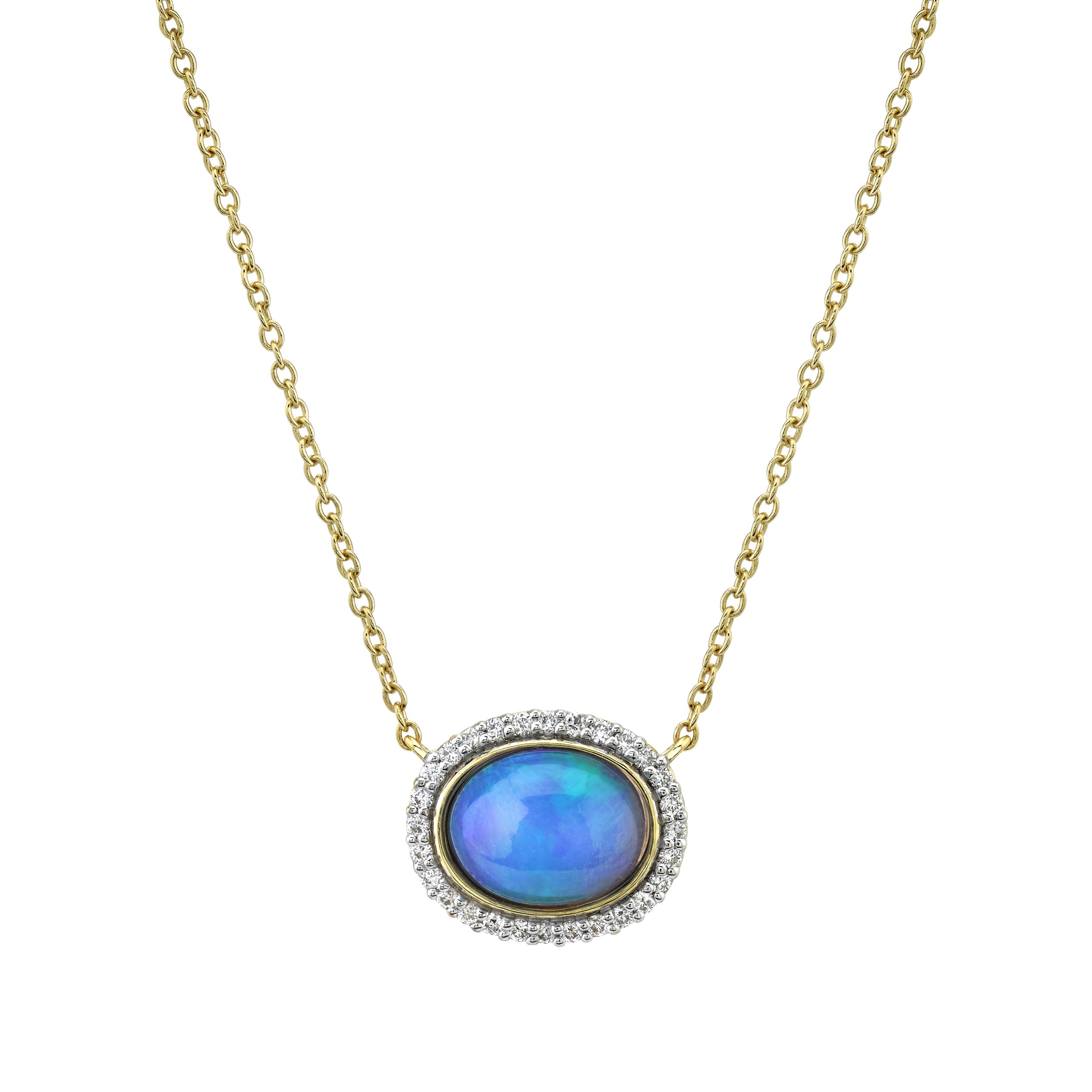 ETHIOPIAN OPAL 1.24TCW, 28 RD GSI DIA 0.14TCW SLOANE STREET ETHIOPIAN OPAL PENDANT WITH WHITE DIAMOND DETAILS, 18K-YG