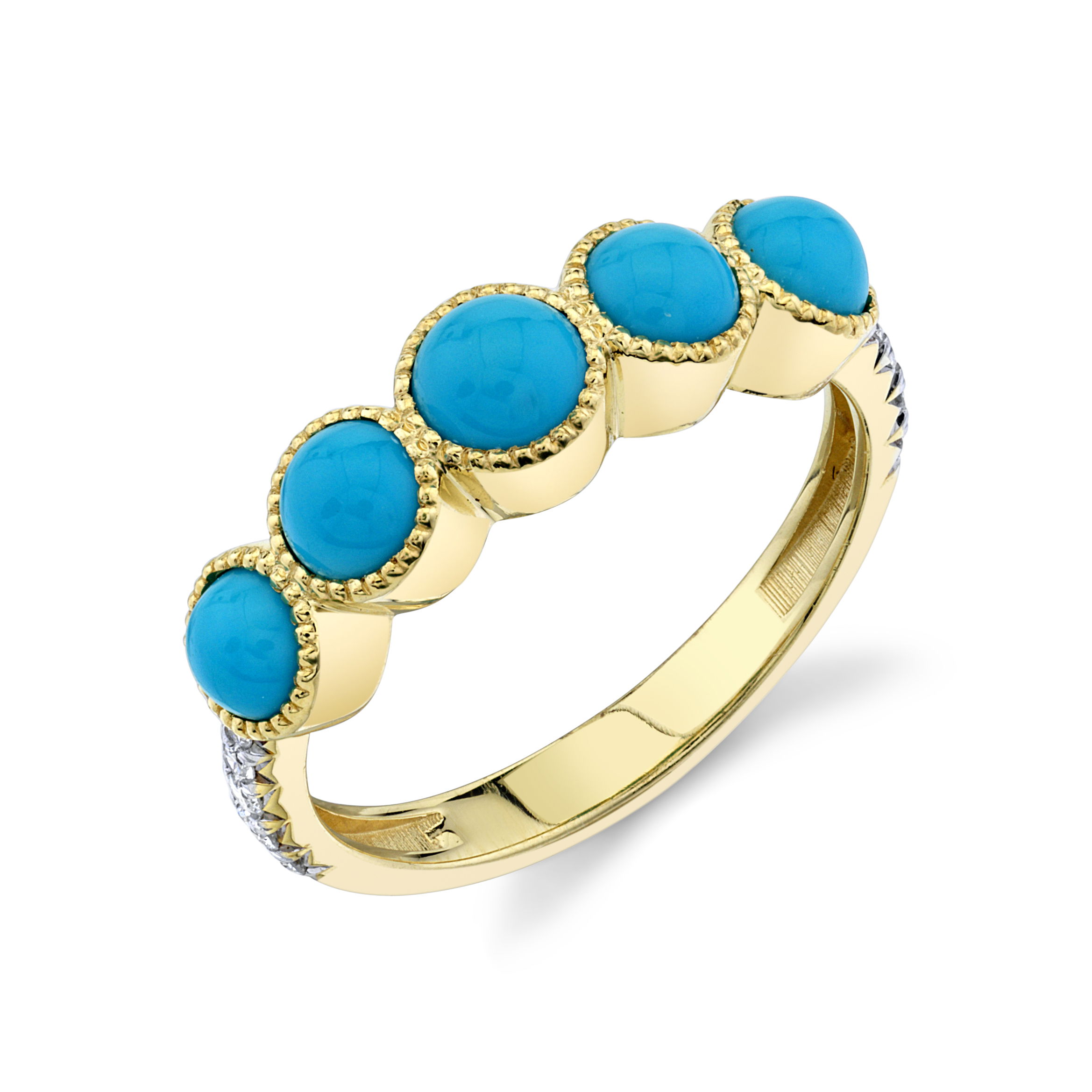 5 RD TURQ CAB 1.32TCW, 10 RD GSI DIA 0.14TCW SLOANE STREET STRIE WRAPPED 5 STONE TURQUOISE BAND WITH WHITE DIAMOND DETAILING ON SHANK, 18K-YG