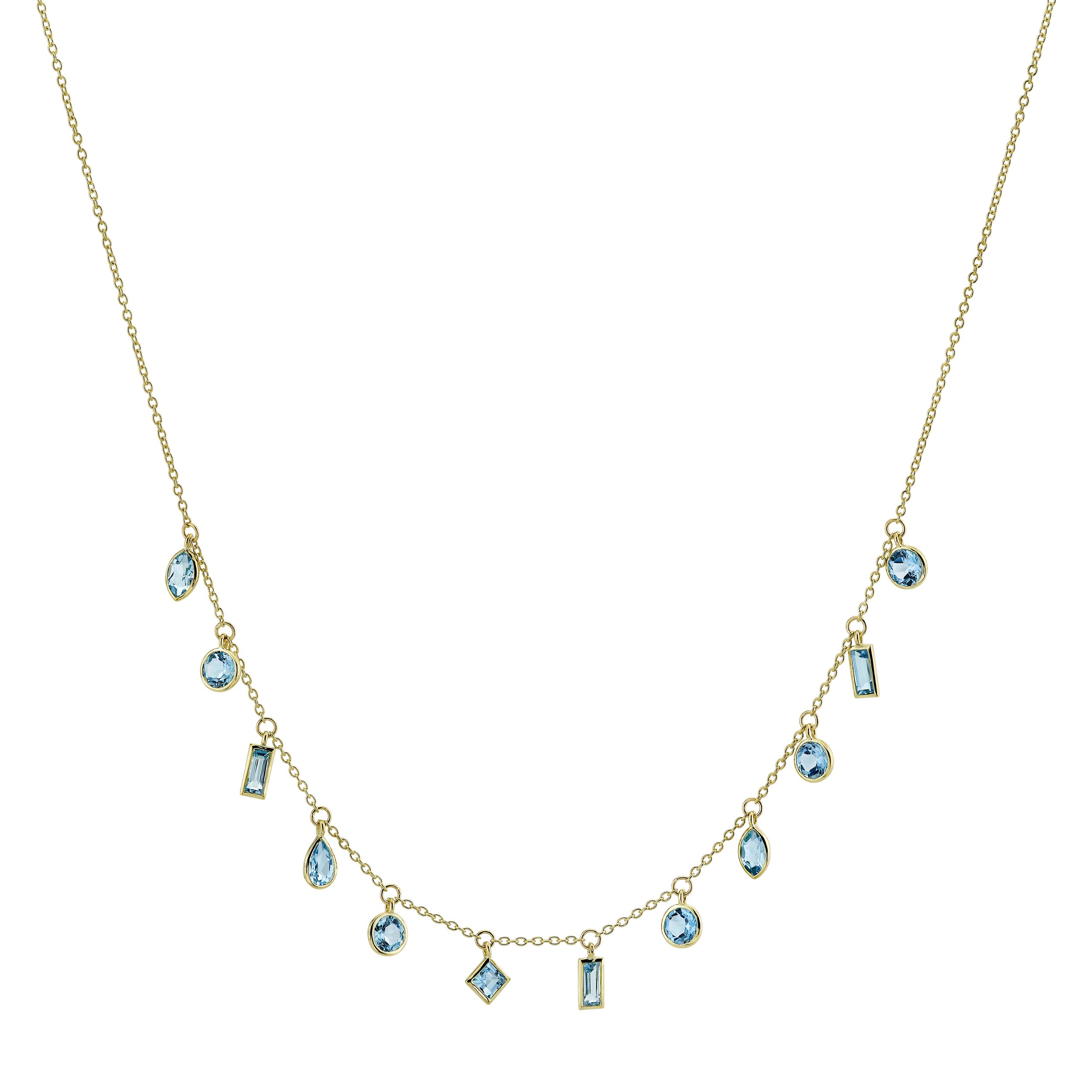 SLOANE STREET CHAIN WITH HANGING SWSS BLUE TOPAZ IN MIXED SHAPES & SIZES, 18K-YG
