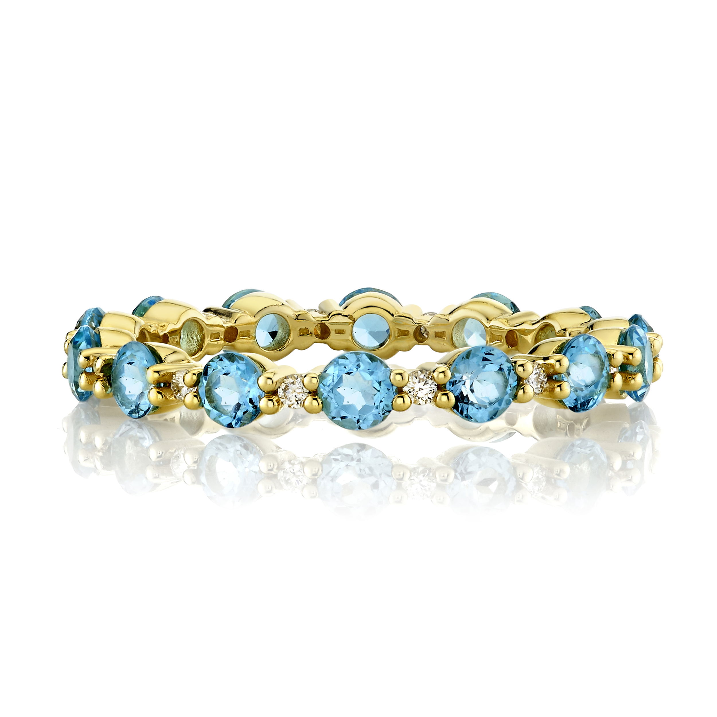 14 RD SWISS BLUE TOPAZ 1.66TCW, 14 RD GSI DIA 0.14TCW SLOANE STREET SWISS BLUE TOAPZ AND WHITE DIAMOND ETERNITY BAND, 18K-YG