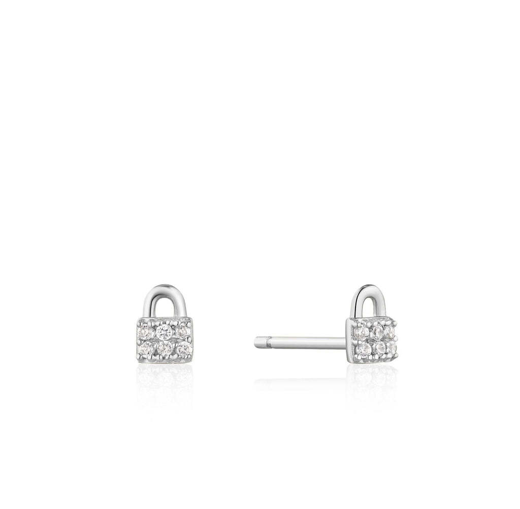 Silver Padlock Sparkle Stud Earrings