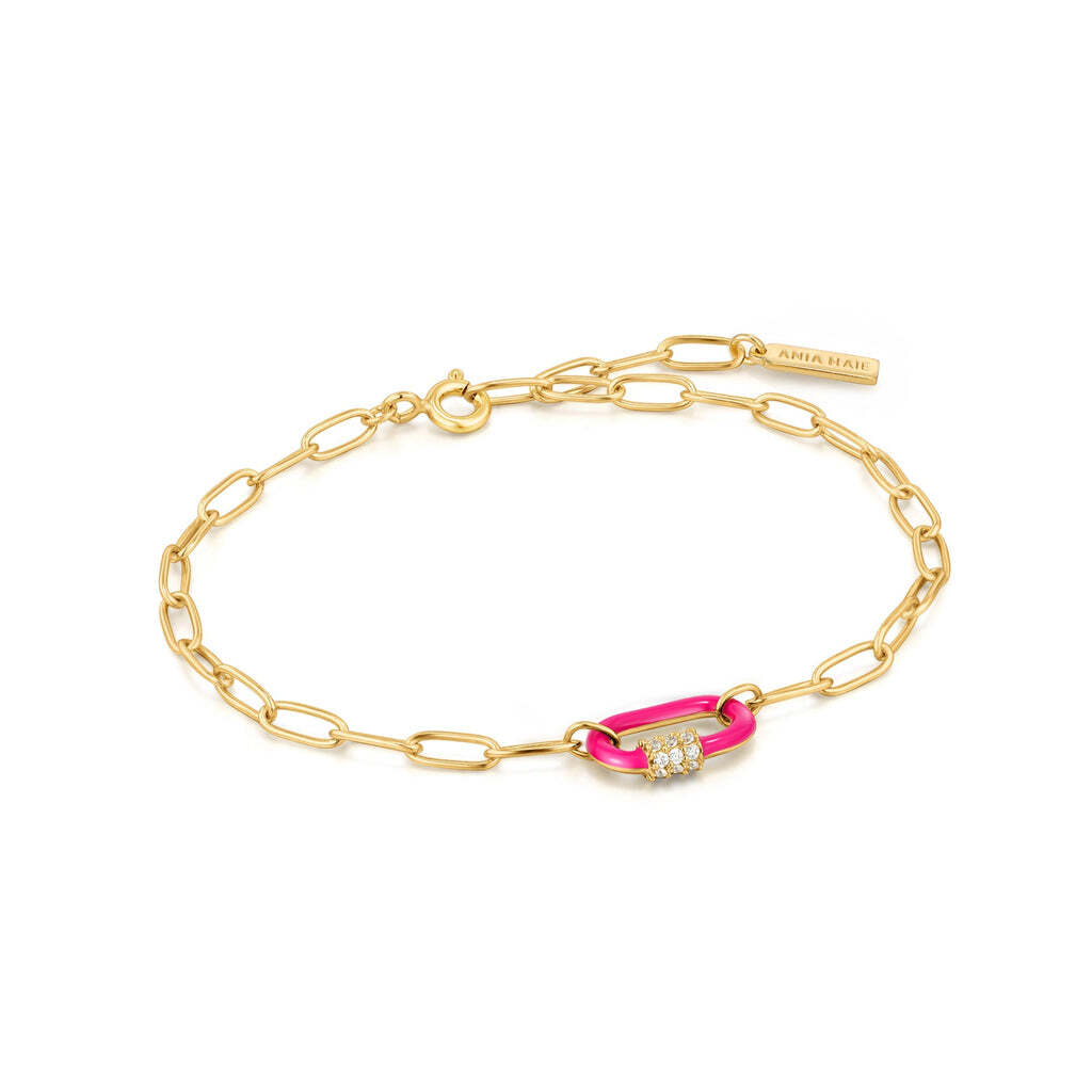 Taking inspiration from the shape of a classic carabiner link, this super chic but chunky chain bracelet is the perfect bold addition to your enamel bracelet collection. Pairing neon pink colored enamel with an accent of sparkling cubic zirconia, it’s the perfect bracelet to funk up your everyday arm party. Neon Pink Enamel Carabiner Gold Bracelet