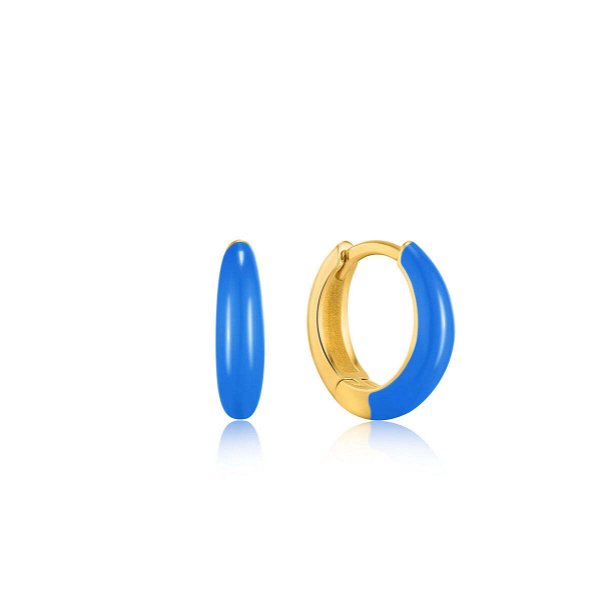Closeup photo of Neon Blue Enamel Gold Sleek Huggie Hoop Earrings