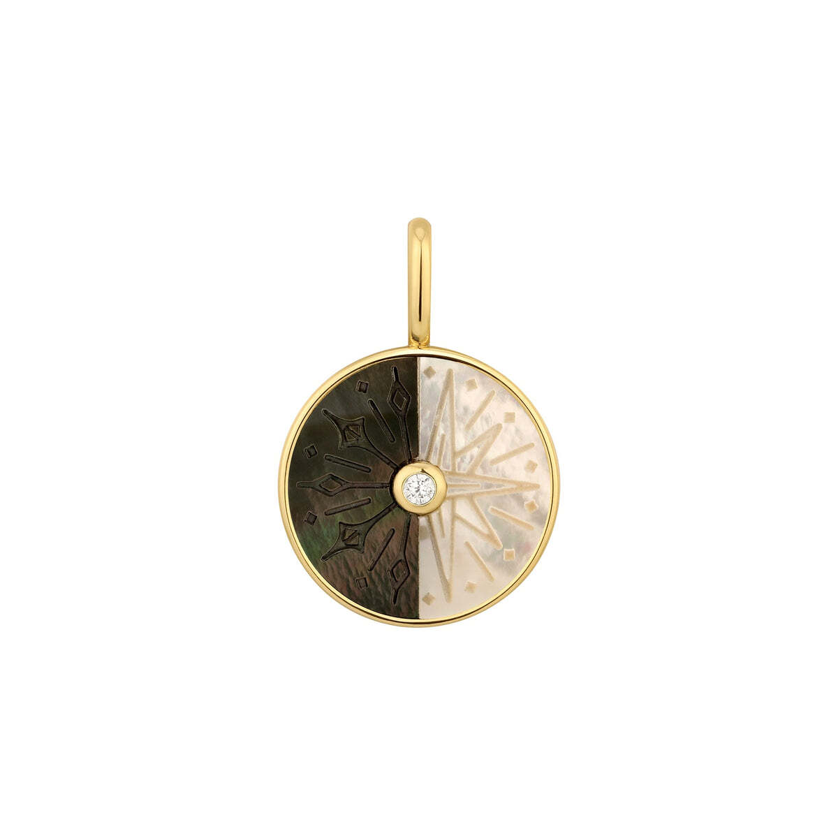 Make a statement with your jewellery with this chic, bohemian-inspired black and white charm, set on 14kt gold plated 925 sterling silver. Crafted using stunning mother of pearl and finished with a single sparkling cubic zirconia stone, the celestial-inspired charm is the perfect addition to any link chain necklace from our Pop Charms collection. GOLD CELESTIAL NECKLACE CHARM GOLD