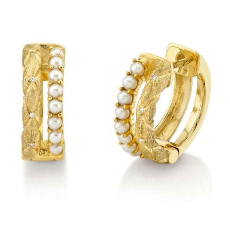 SLOANE STREET QUILTED 12MM DOUBLE HUGGIE WITH PEARLS, 18K-YG