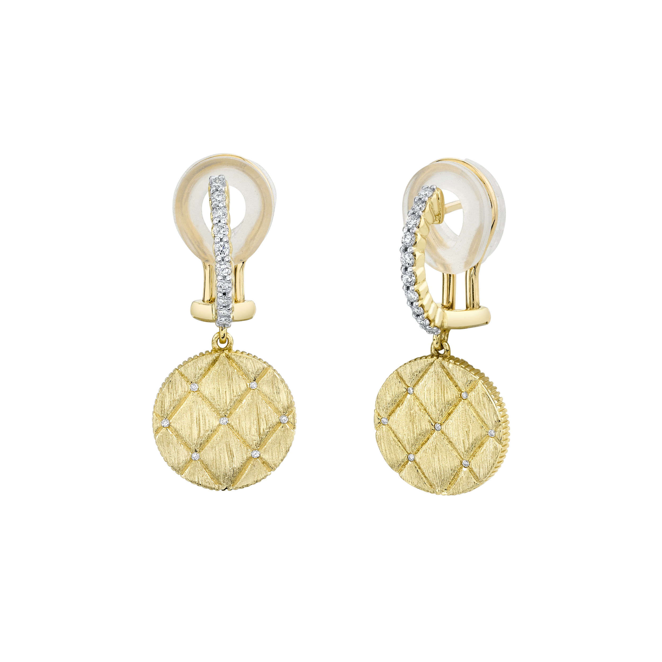 SLOANE STREET 12MM ROUND QUILT DROP EARRING WITH STRIE AND DIAMOND DETAIL, 18K-YG