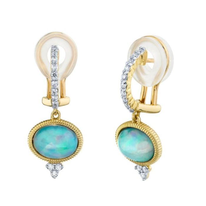 SLOANE STREET EHTIOPIAN OPAL OVAL DROP EARRING WITH WHITE DIAMOND DETAIL, 18K-YG