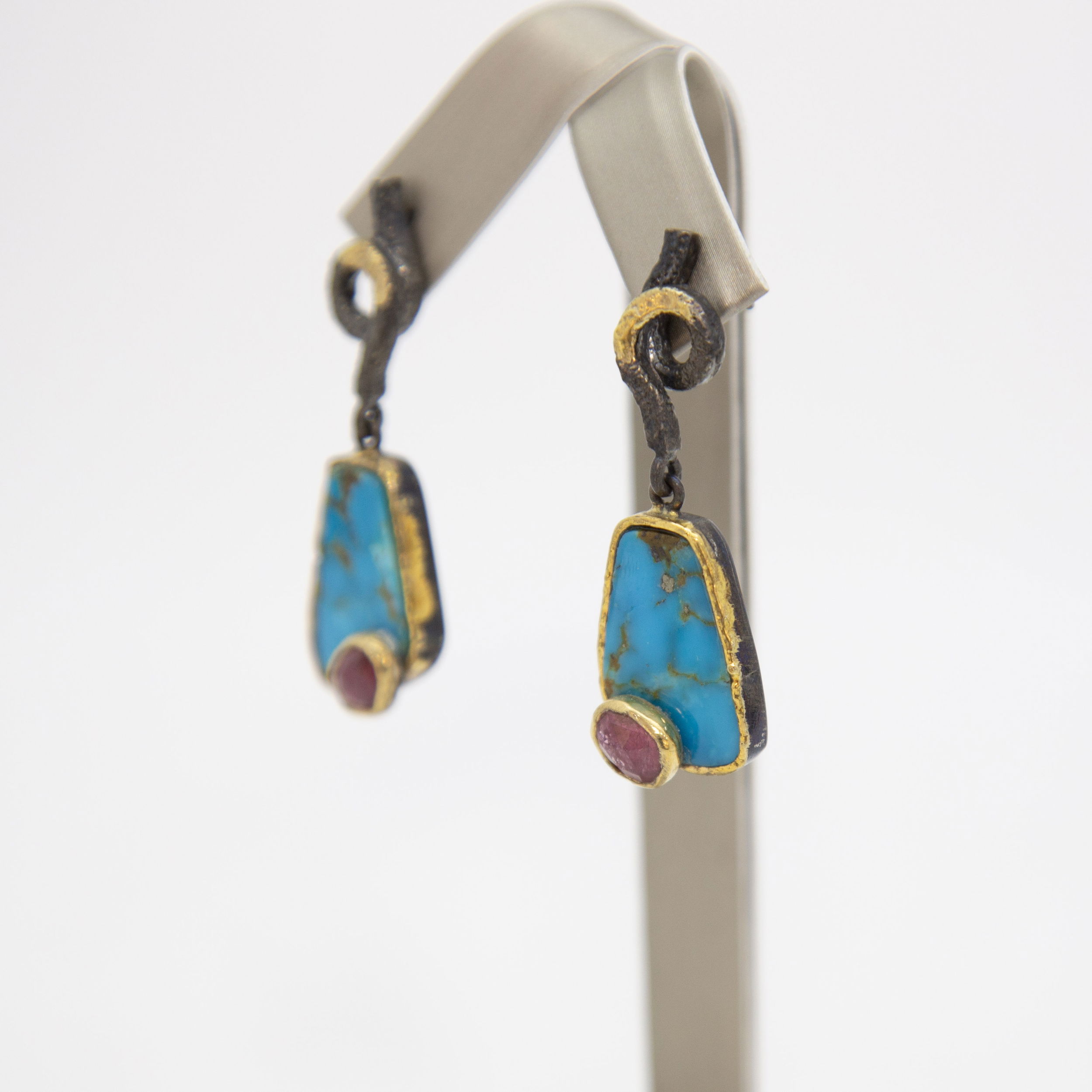 “Natural Affectionl Turquoise with Pink Tourmaline 18K and Sterling Silver Post Earrings