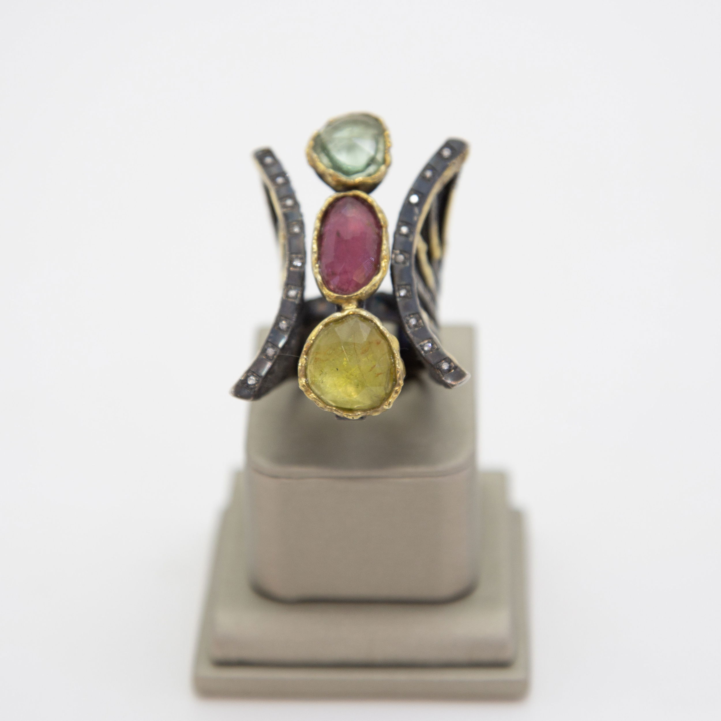 Self Healing Three Color Tourmaline and Diamond 18K and Sterling Silver Ring