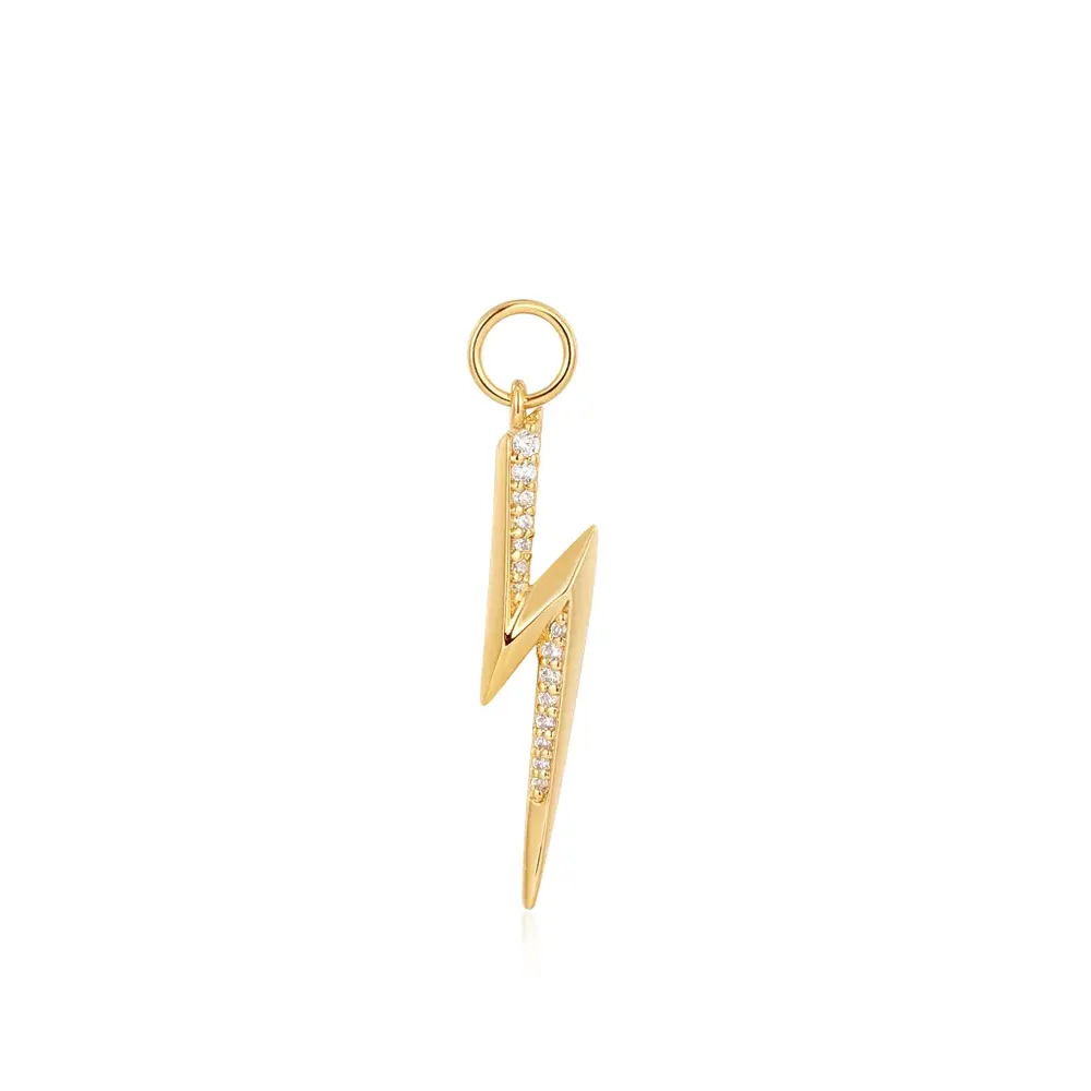 Discover something special to elevate your ear party this season with this gold lightning charm. Crafted from 925 sterling silver with 14kt gold plating, the drop charm is finished with two rows of sparkling cubic zirconia stones set beautifully into a lightning bolt design. Simply add yours to your favourite hoops or huggies to update your look.Details:Material: sterling silver with 14k gold platedDimensions: 21mm x 6.3mmStone Type: cubic zirconiaStone Size: 0.8mm, 0.9mm, 1.0mm, 1.1mm, 1.2mm GOLD LIGHTNING EARRING CHARM