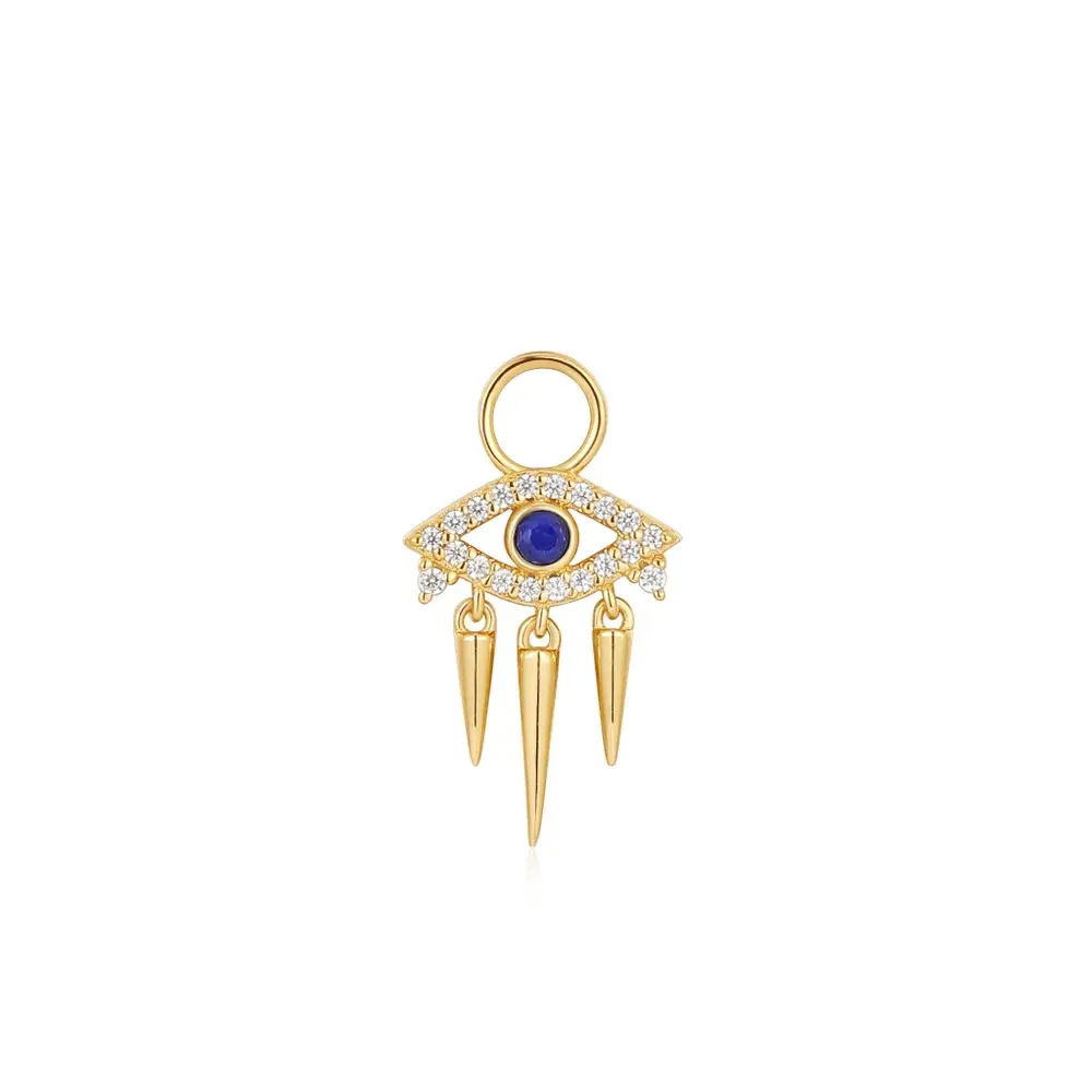 Nodding to spiritual protection in style, this stunning evil eye charm is perfect for an ear party with a difference. Crafted from 925 sterling silver with 14kt gold plating, our evil eye is encrusted in shimmering cubic zirconia with a central blue gemstone. Simply attach to your favourite charm hoops or huggies as the perfect new-season addition to your earring collection. Gold Evil Eye Earring Charm
