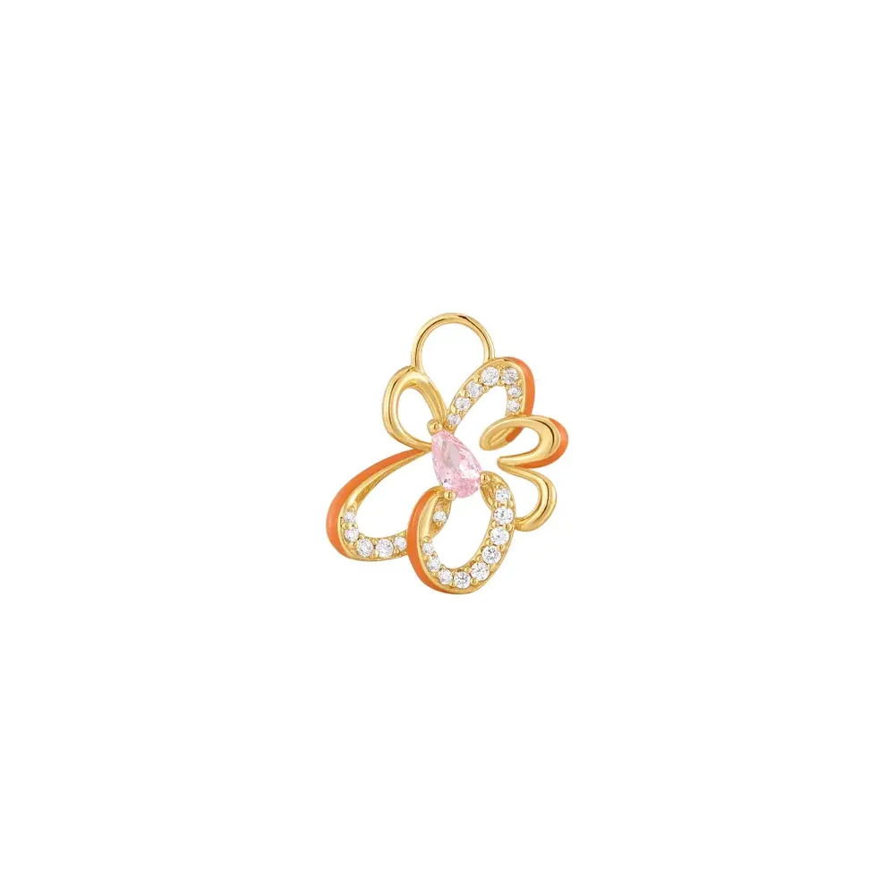Elevate your earrings with a unique, sparkly charm inspired by the vibrant Pop Art movement. Easy to slip onto your huggie or hoops, the flower-shaped earring charm is crafted from 925 sterling with 14kt gold plating and finished with rows of sparkling cubic zirconia and a delicate central soft pink stone. Gold Flower Earring Charm