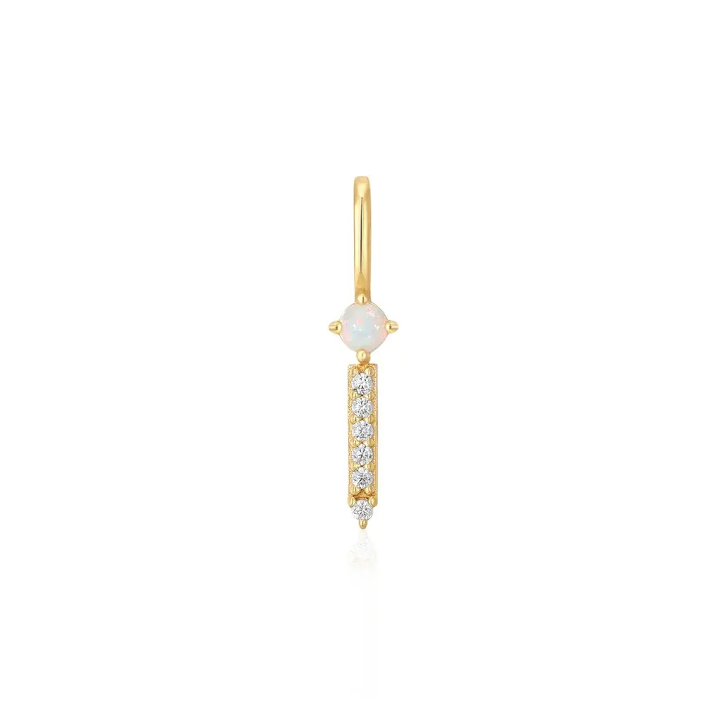 The perfect balance of iridescence and sparkle, this elegant charm adds something special to our necklace and bracelet chains. Set on 14kt gold plated 925 sterling silver, a rounded kyoto opal gemstone is paired with a row of sparkling cubic zirconia stones to create a unique droplet charm. Simply slip onto a chain necklace or bracelet from our Pop Charms collection for a sophisticated look. Gold Kyoto Opal Sparkle Bar Necklace Charm