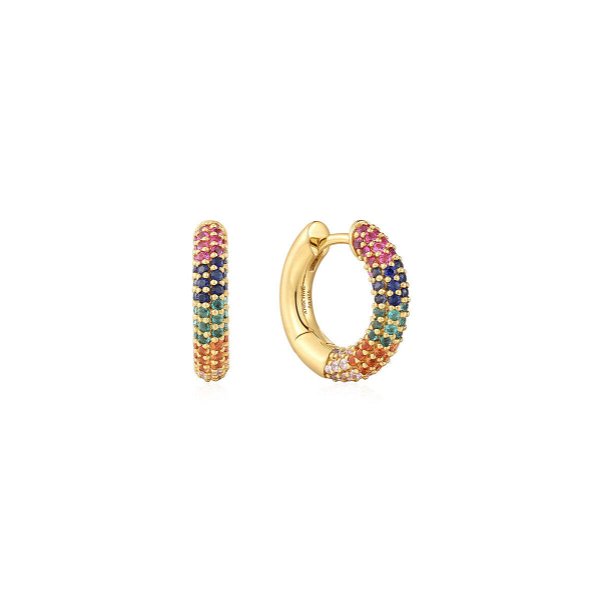 Closeup photo of Gold Rainbow Huggie Hoop Earrings