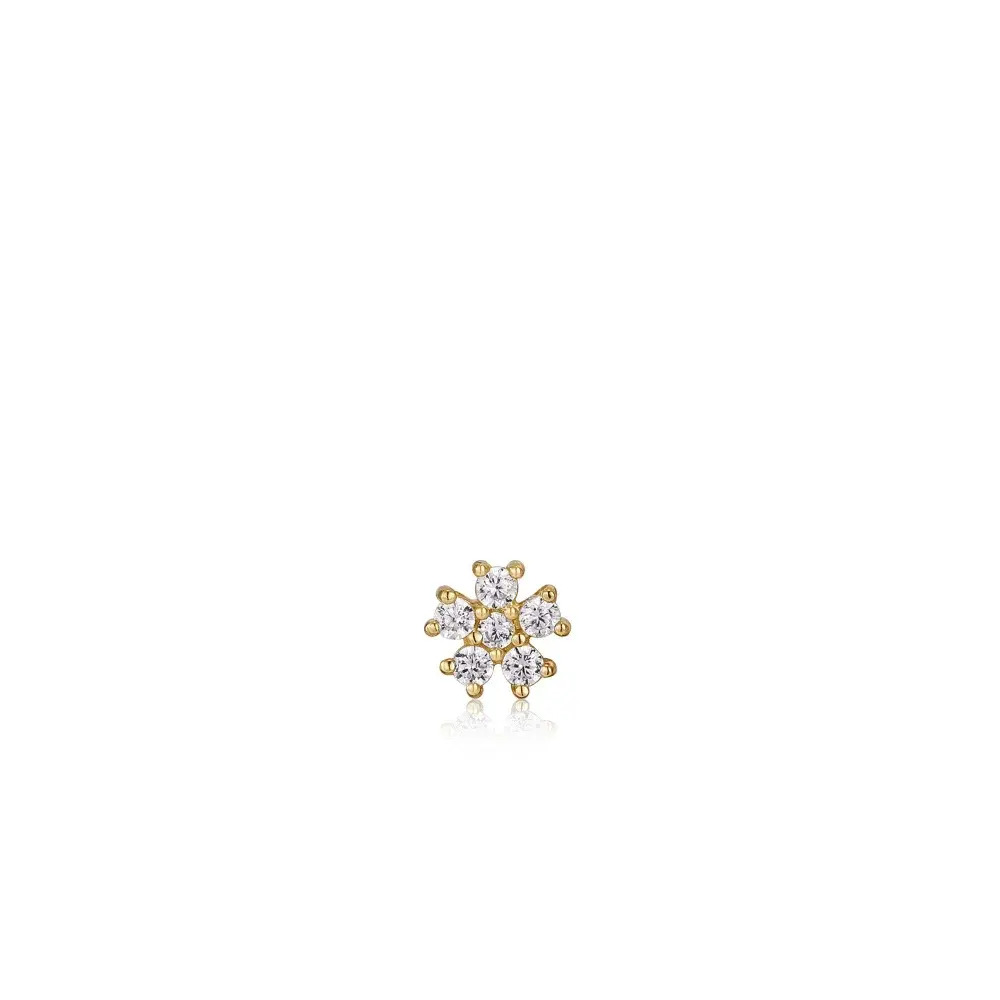 Product Description:This beautifully elevated gold sparkling barbell instantly levels up your earring stack game. Designed with five cubic zirconia stones to create its unique flower effect, it’s the perfect way to add sparkle to your everyday looks. Mix and match with more sparkle or minimal pieces to build up your look from the lobe up.Product Details:• Material: 14kt gold plated on sterling silver• Earring size: 5mm• Post length: 7.5mm• Weight: 0.4g GOLD SPARKLE FLOWER BARBELL SINGLE EARRING