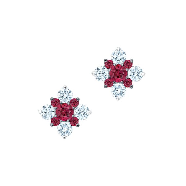 Closeup photo of 18kw .34ct Diamond with .46ct Ruby Snowflake Earrings