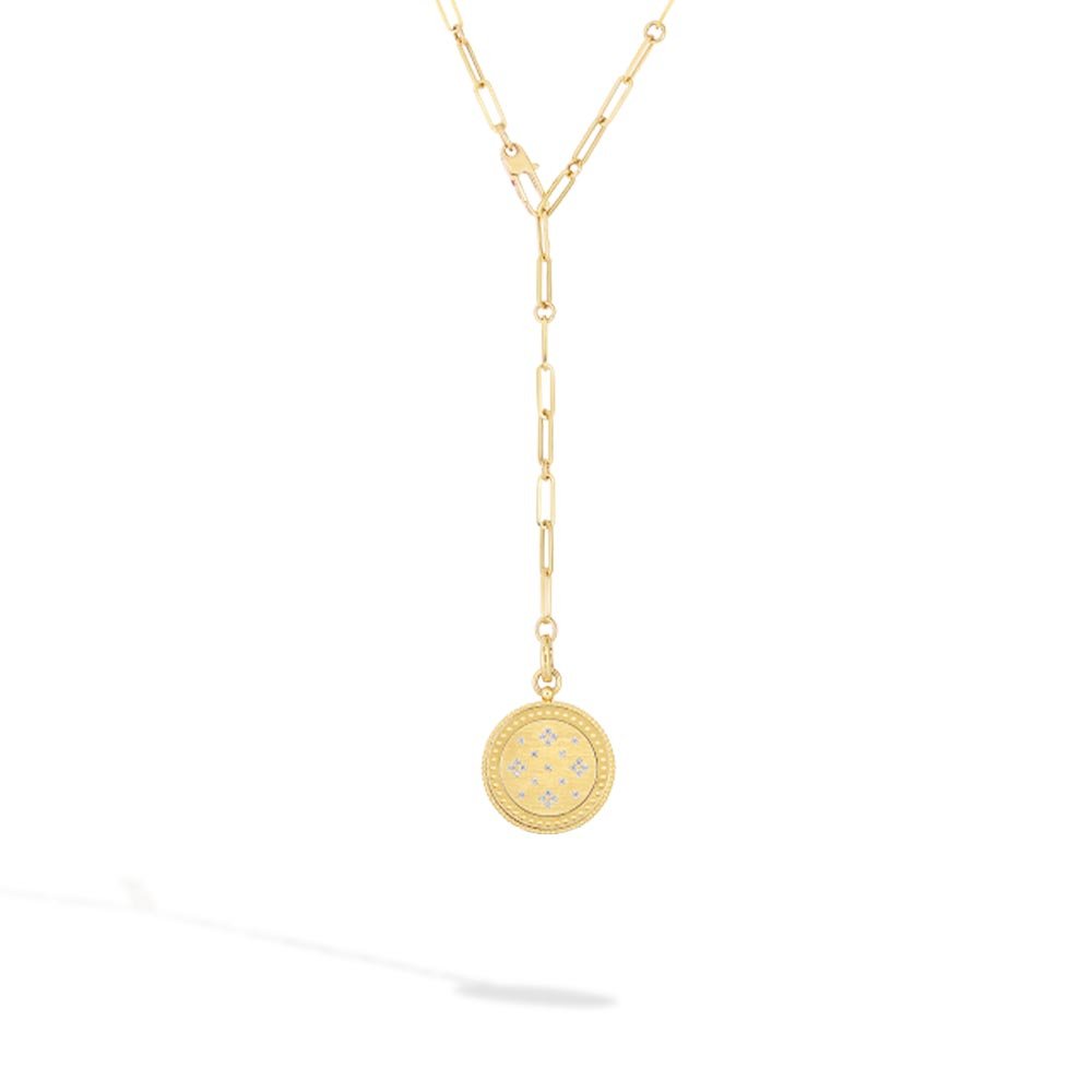 18k Yellow Gold Venetian Princess Satin Medallion with Diamond Accent and Coin Edge Detail on Link Chain
