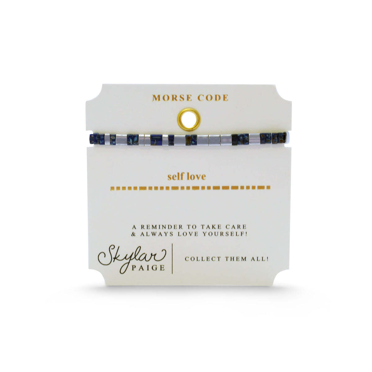 STRETCH BRACELETS IN THE “NOTE TO SELF” COLLECTION ARE MADE FROM PREMIUM QUALITY, JAPANESE GLASS MIYUKI® TILA BEADS. THE BRACELETS ARE METICULOUSLY ASSEMBLED WITH A MORSE CODE PATTERN, INSPIRATIONAL MESSAGING & STYLISH PACKAGING. THE SKYLAR PAIGE BRAND MISSION IS TO EMPOWER THE FEMALE SOUL! MIYUKI® TILA BEADS ARE M SELF LOVE - Morse Code Tila Beaded Bracelet - Luxe Lapis
