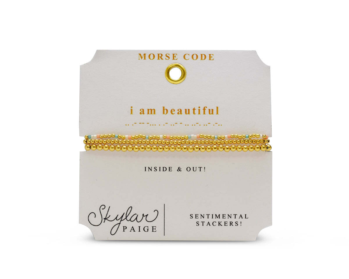 "Inside & out!" Morse Code Bead Pattern: I AM BEAUTIFUL Bracelet is packaged on inspirationally messaged card. STRETCH BRACELETS IN THE “NOTE TO SELF” COLLECTION ARE MADE FROM PREMIUM QUALITY, JAPANESE GLASS MIYUKI® TILA BEADS. THE BRACELETS ARE METICULOUSLY ASSEMBLED WITH A MORSE CODE PATTERN, INSPIRATIONAL MESSAG I AM BEAUTIFUL - Sentimental Stackers Beaded Bracelets – Stia Jewelry