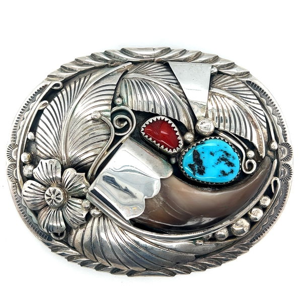 Closeup photo of Sterling Silver Bear Claw Navajo Indian buckle