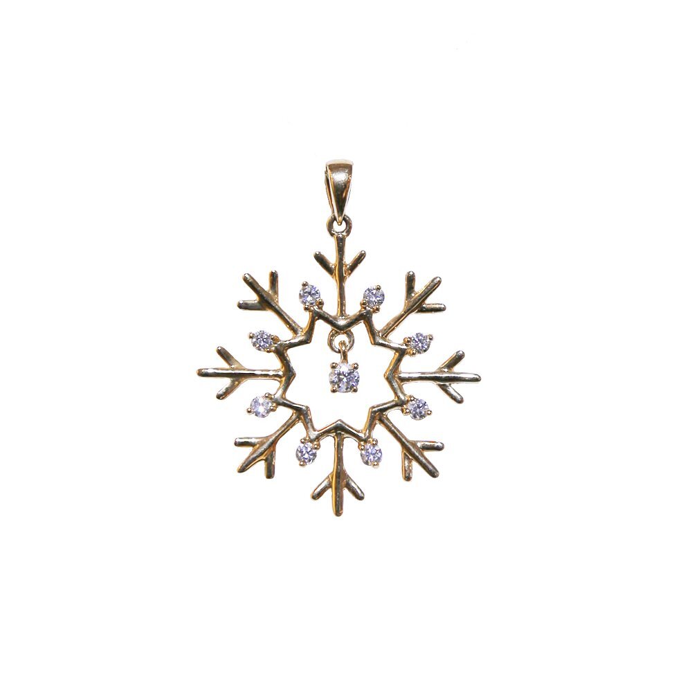 14k Yellow Gold Diamond Set Snowflake with Dangling Diamond Center Pendant Diamond 0.25 Ctw