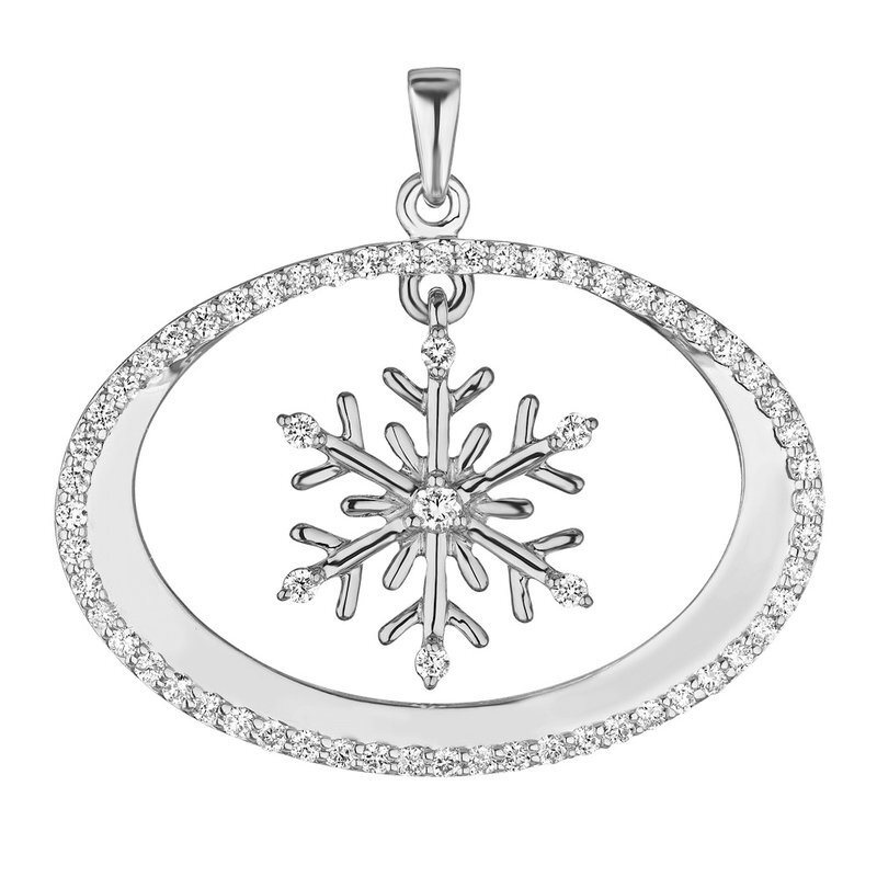 14k White Gold Elongated Oval Frame with Dangling Snowflake Pendant Diamond 0.40 Ctw